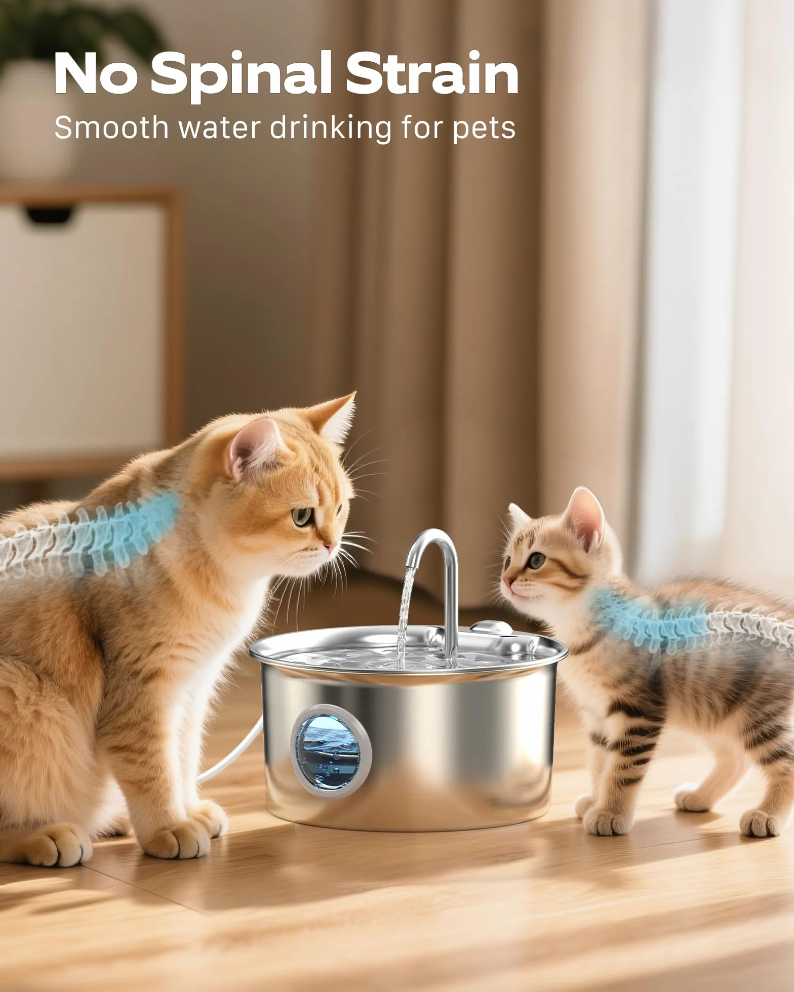 Fontanella per Gatti Acciaio Inox: Fontana per Gatti Inossidabile - 2.6L Automatico Fontanelle Gatto Silenziosa - Dispenser Acqua Gatto con Finestra Livello Acqua - Distributore Acqua per Cani