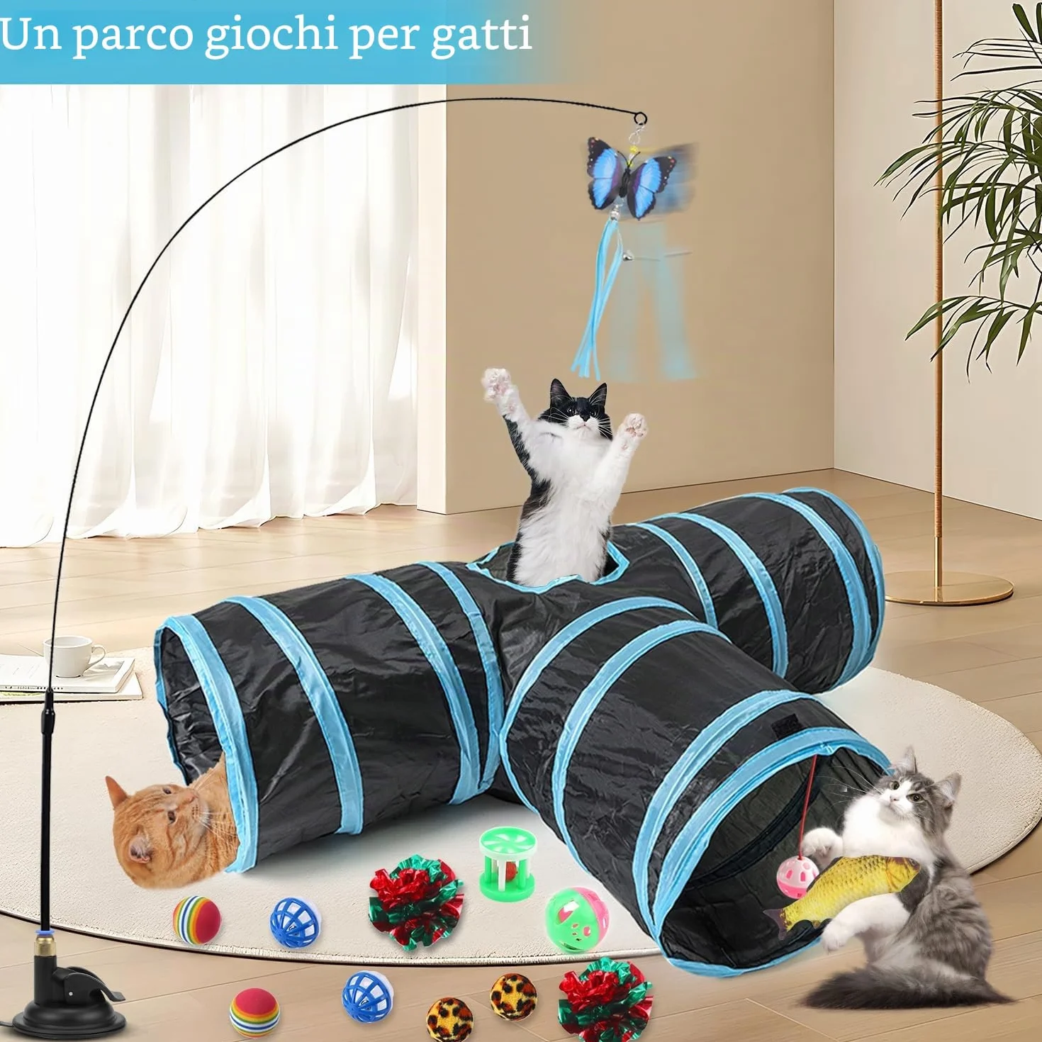 Set di 39 giocattoli interattivi per gatti e conigli, tunnel di gioco pieghevole a 3 vie, ventosa rotonda, accessori per attività