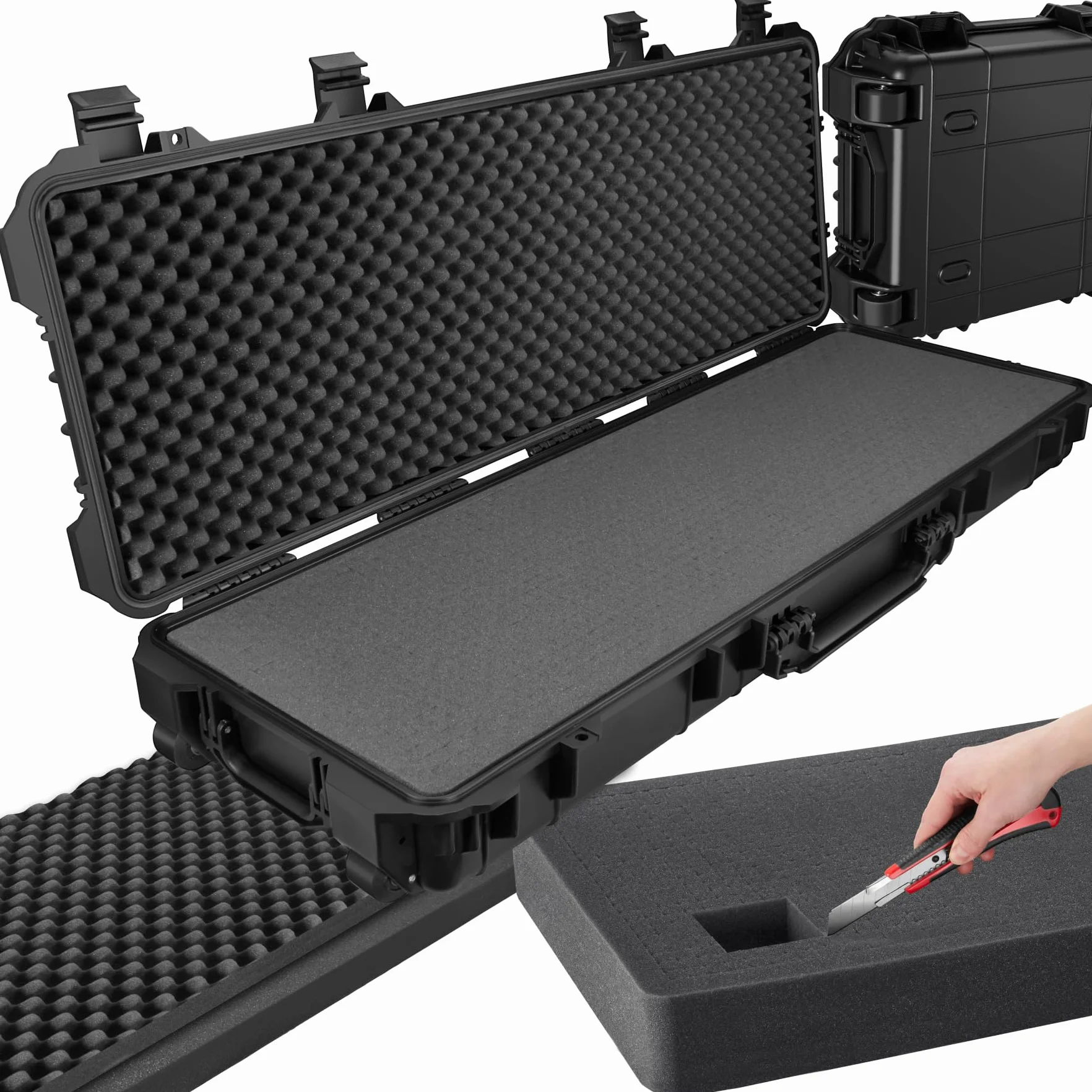 tectake® Custodia Porta Fucile - 113,5 x 41 x 16 cm - Custodia Rigida per Armi e Accessori, 4 Chiusure a Scatto, 3 Inserti in Espanso Estraibili, Maniglie, Rotelle per Trasporto