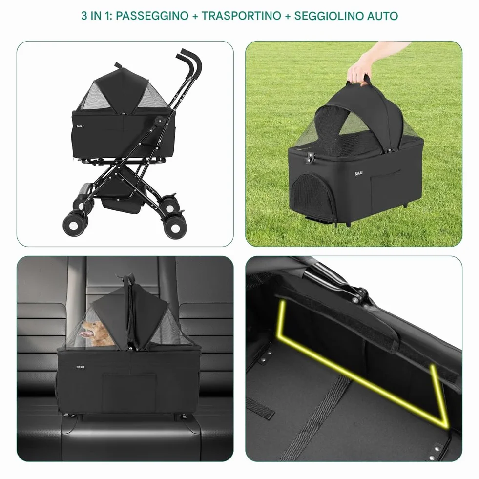 BAKAJI Passeggino per Animali Domestici 2 in 1 Carico Massimo 40kg Pieghevole e Salvaspazio, Capsula Rimovibile, Carrozzina per Cani e Gatti con Trasportino Removibile e Cestello Portaoggetti (Nero)