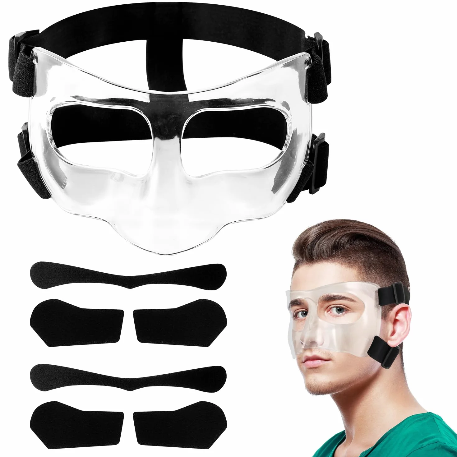 Maschera per Naso Rotto, Regolabile Visiera Traspirante Trasparente Allenamento Sportivo Maschera per il Viso Protezione per il Naso con Imbottitura per Adulti Adolescenti Basket Calcio