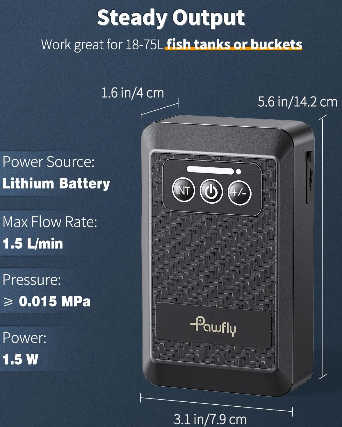 Pawfly Ossigenatore per Acquario a batteria al litio, Pompa d'aria ricaricabile USB per serbatoi di pesce da 20-500 L Aeratore portatile silenzioso per la Pesca all'Aperto e Interruzione di Corrente