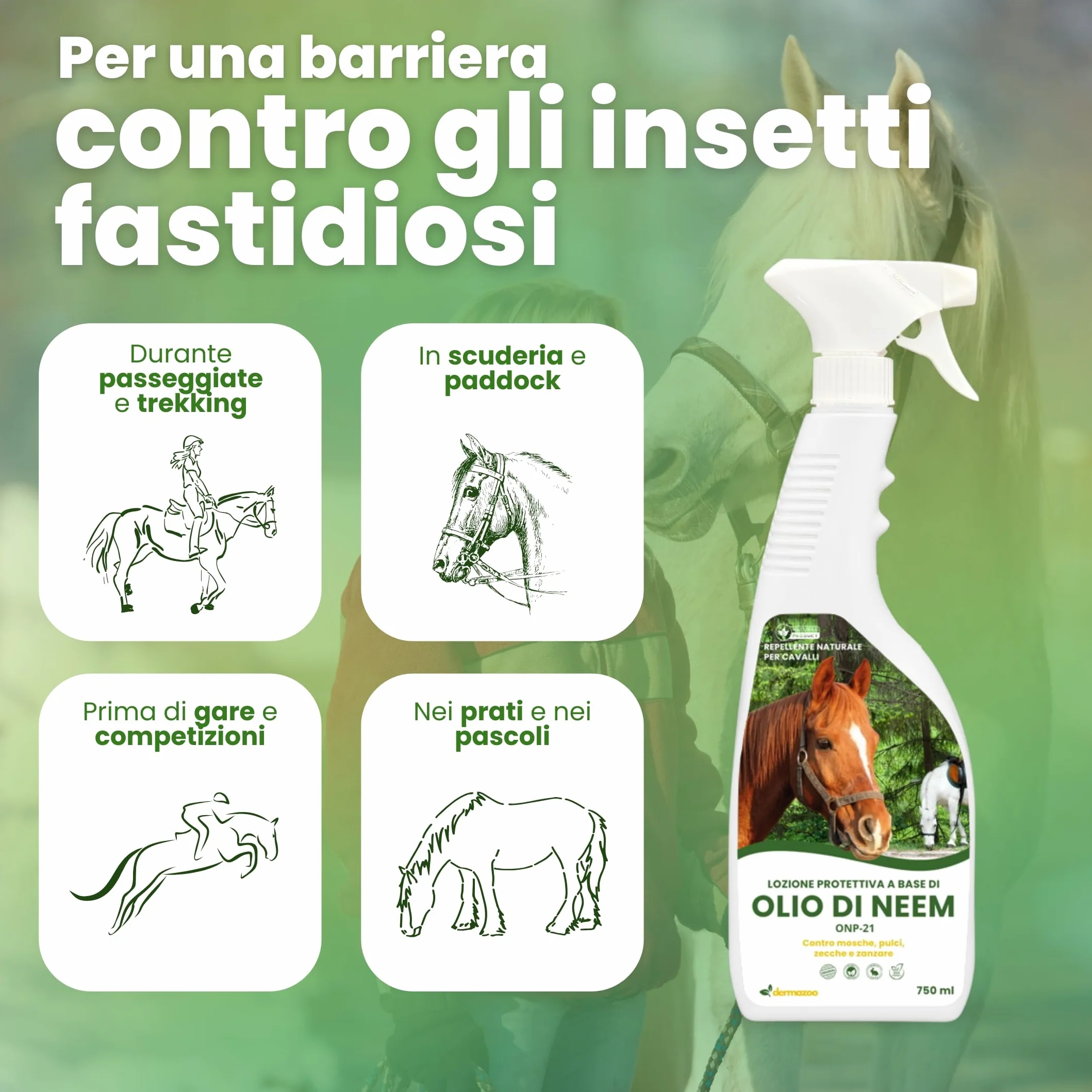 Dermazoo Olio di Neem per Cavalli ONP-21 Repellente Antipulci 2 x 750ml Spray Antizanzare