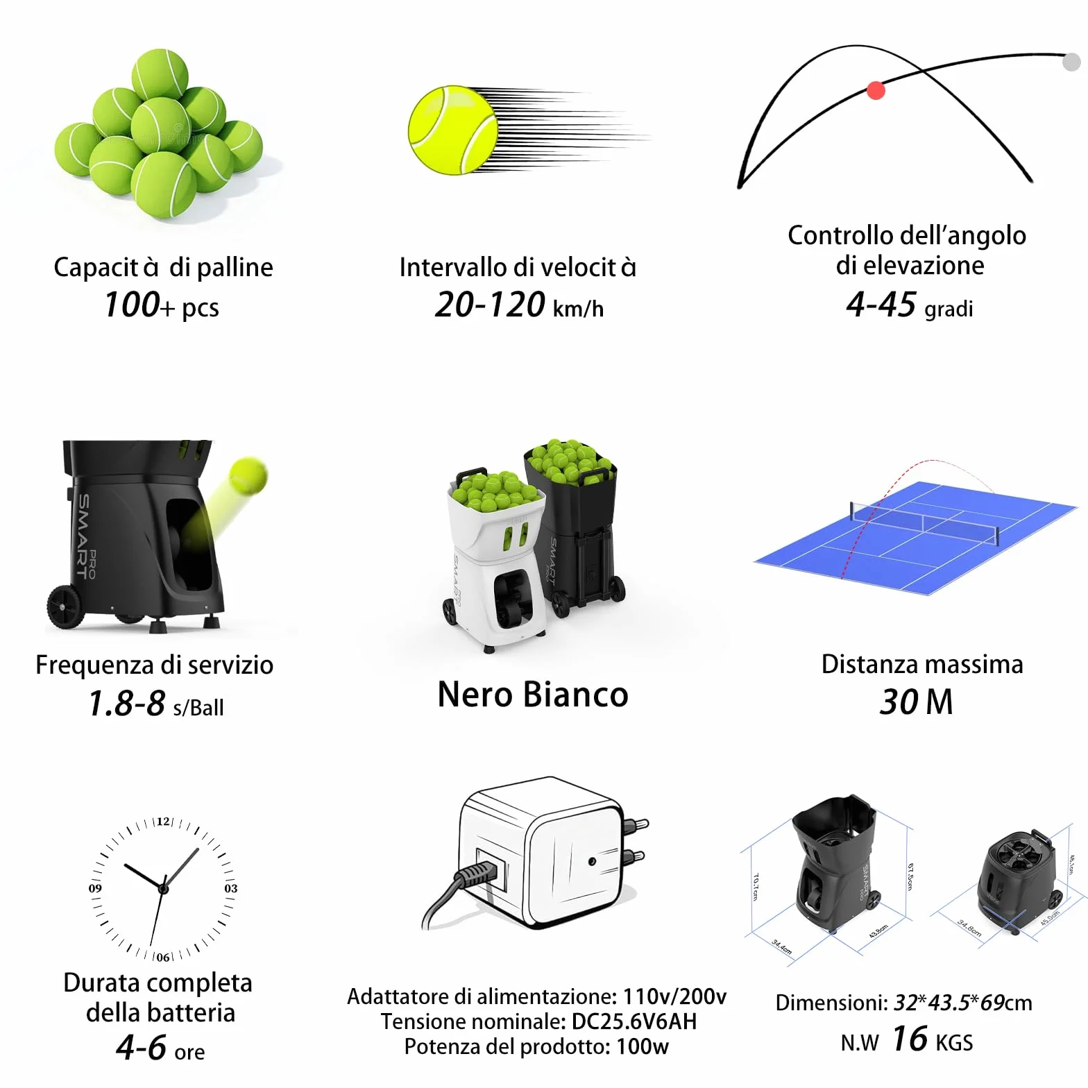 PUSUN PT-Smart-Pro Macchina intelligente per palline da tennis con controllo APP telecomando iWatch batteria 4-6H nero