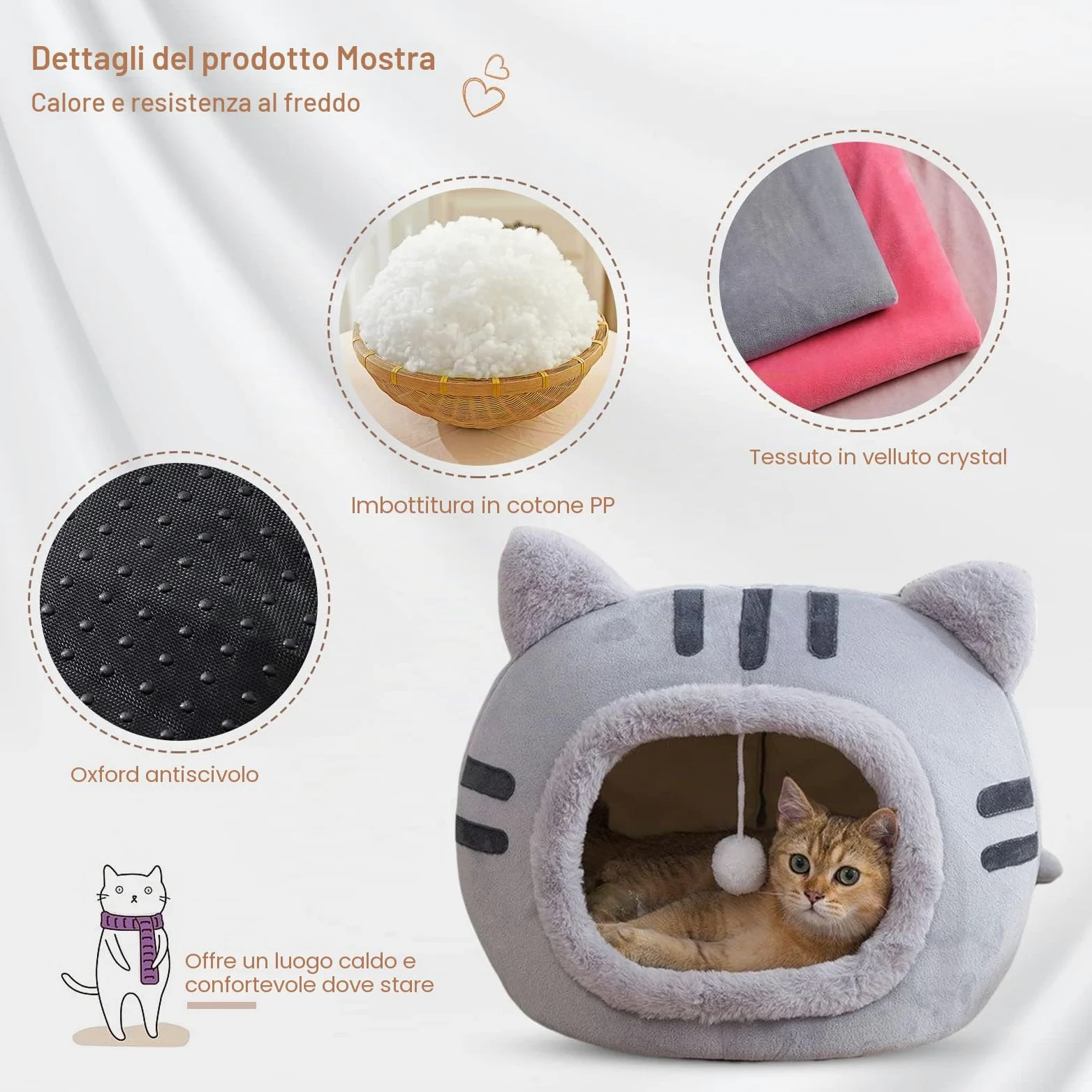 PETCUTE Cuccia per Gatti e Cani con Cuscino Rimovibile Lavabile, Fondo Antiscivolo, Morbida Nicchia per Conigli/Cuccioli