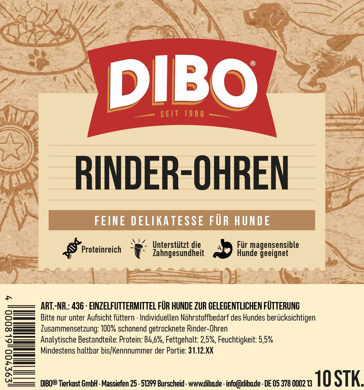 DIBO Orecchie di manzo, 10 sacchetti, piccoli snack o dolcetti per cani, prodotti da masticare di qualità senza prodotti chimici