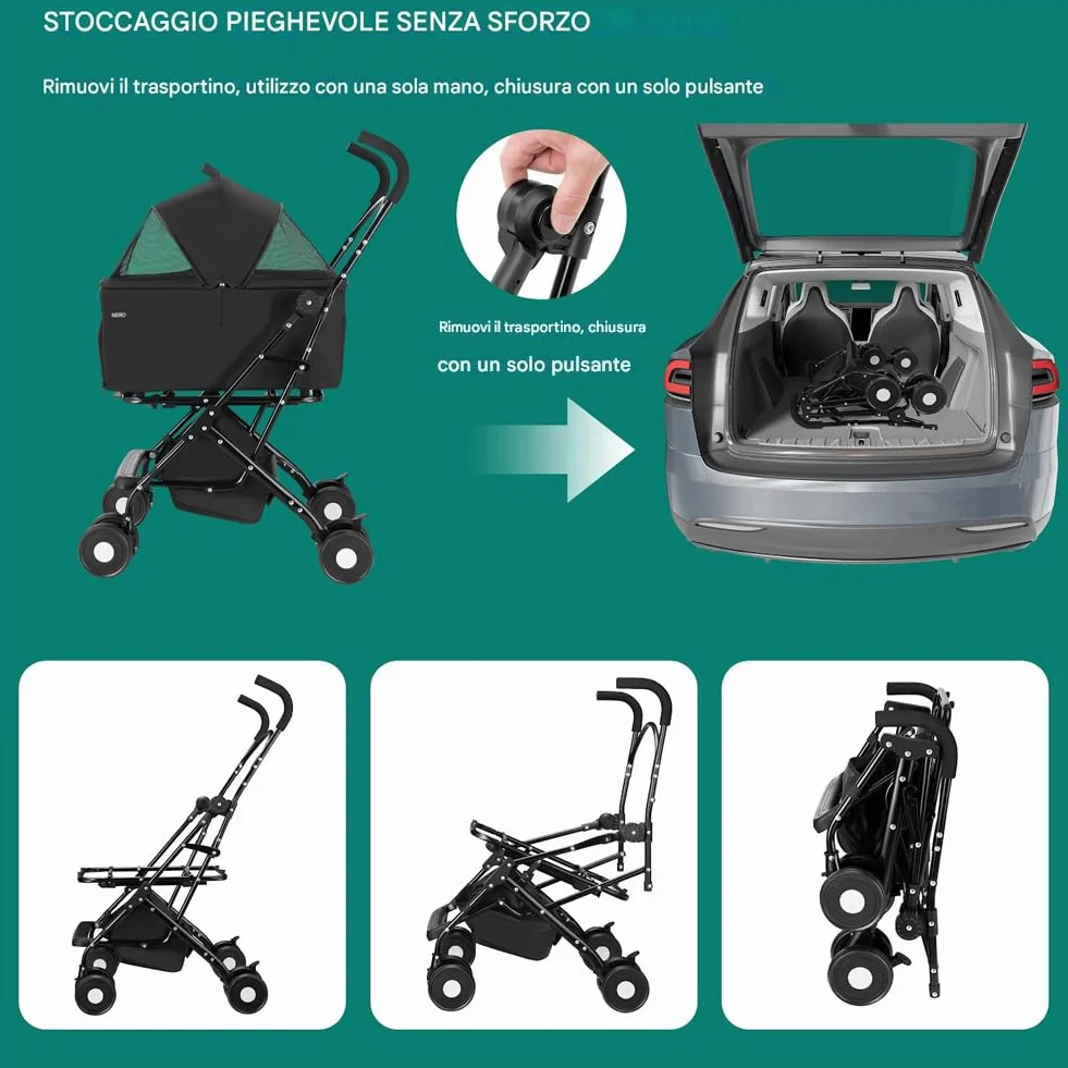 BAKAJI Passeggino per Animali Domestici 2 in 1 Carico Massimo 40kg Pieghevole e Salvaspazio, Capsula Rimovibile, Carrozzina per Cani e Gatti con Trasportino Removibile e Cestello Portaoggetti (Nero)