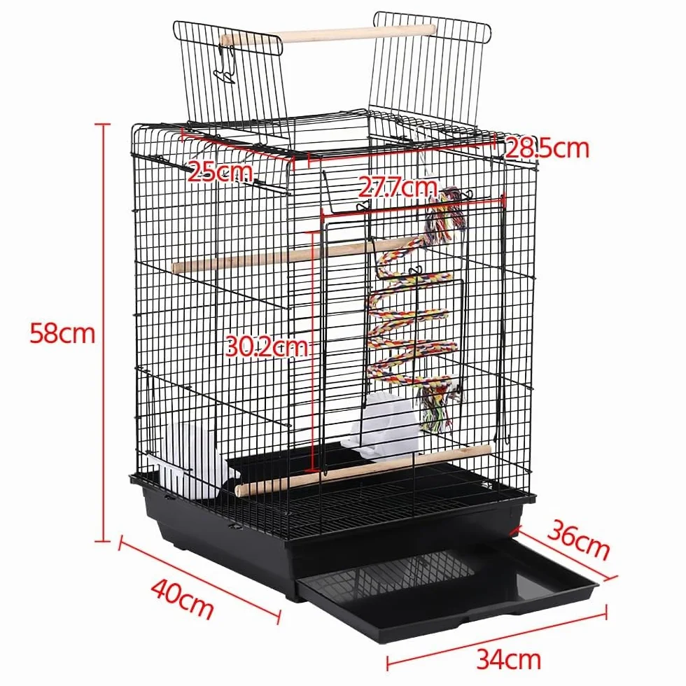 Yaheetech Gabbia per Uccelli Pappagalli Inseparabili Voliera in Metallo con Tetto Apribile Posatoio in Legno e Giocattolo 40 x 40 x 58 cm Nero