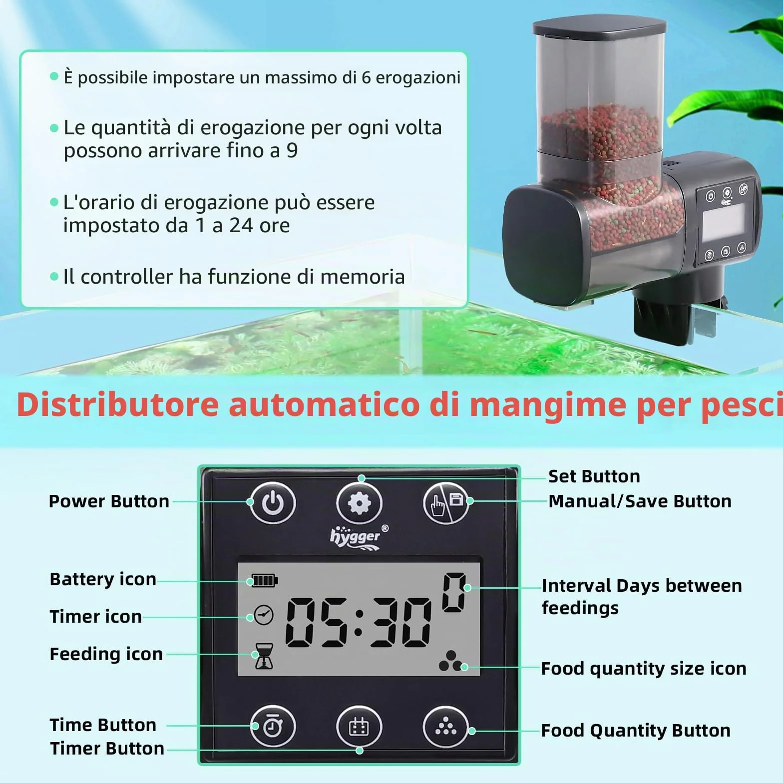 hygger Mangiatoia Automatica Acquario Pesci,500ml Alimentatore Automatico per Acquario con Display LCD Controller, Automatic Fish Feeder for Weekend Holiday(Battery Not Included)