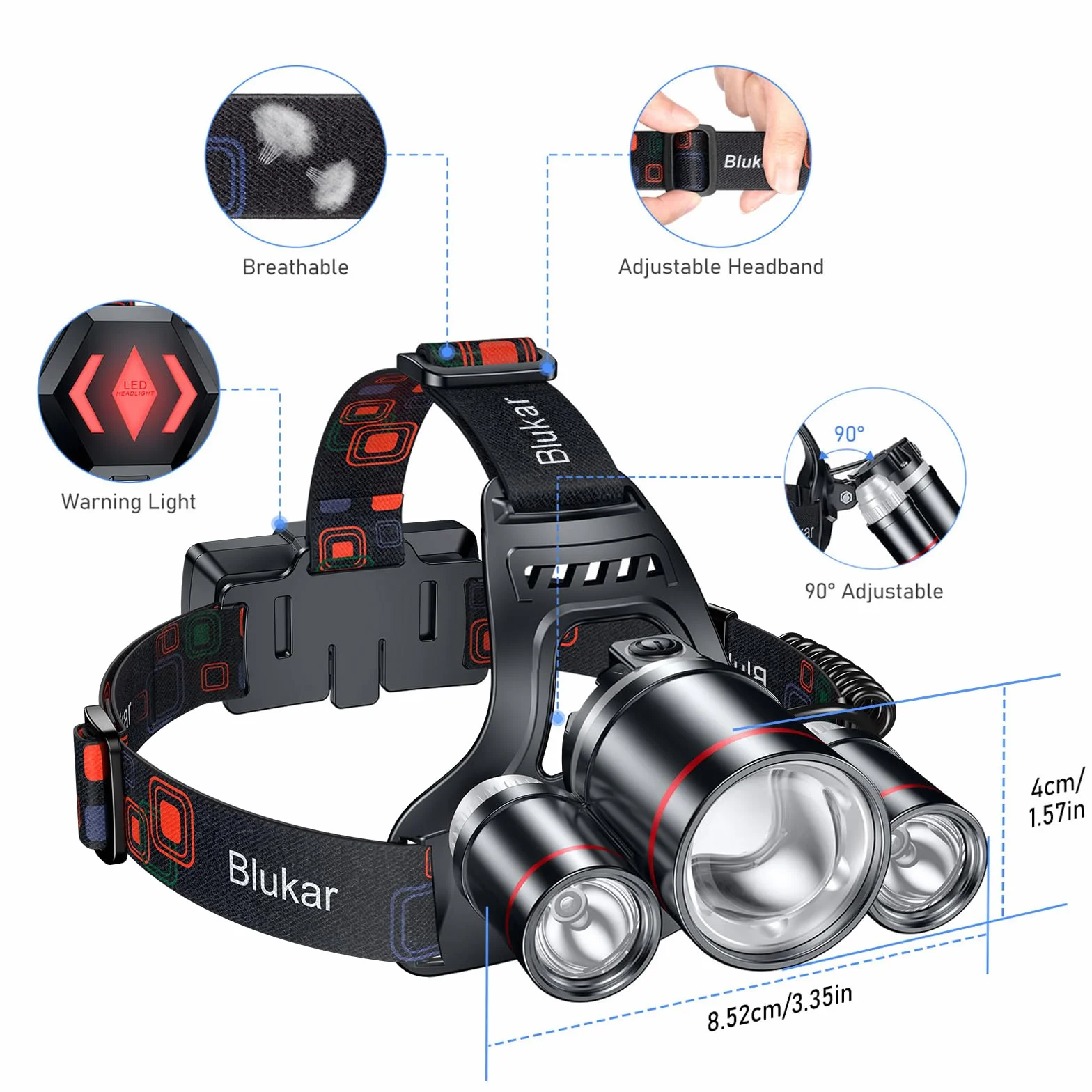 Blukar Torcia Frontale LED Ricaricabile 8000 Lumen, IPX6 Impermeabile, Zoomable, Regolabile 90°