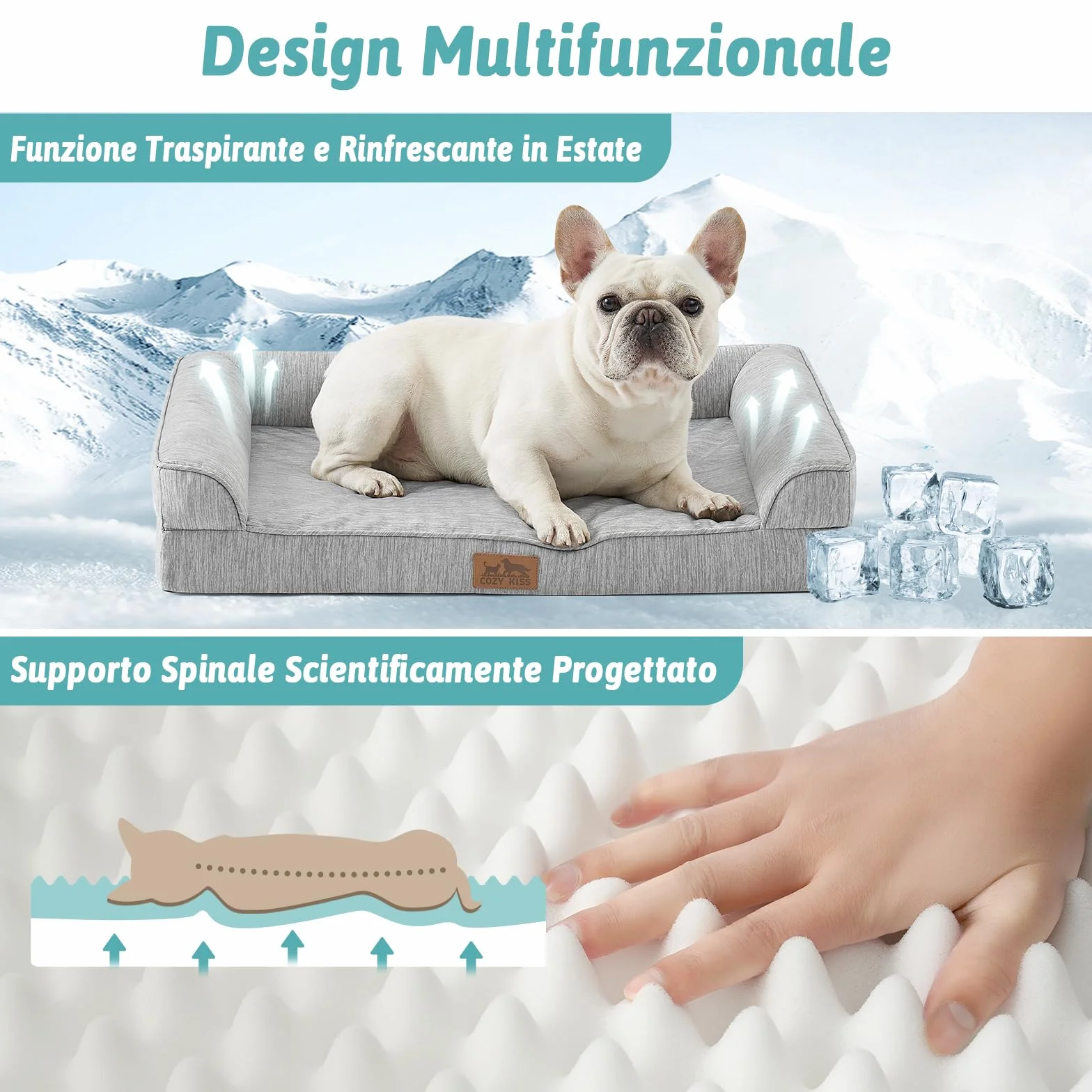 COZY KISS Letto Refrigerante Ortopedico per Cani Taglia XXL 122x81x19 cm Divano Ergonomico con Rivestimento Rimovibile Lavabile Schiuma Nido d'Ape Impermeabile Grigio Argento