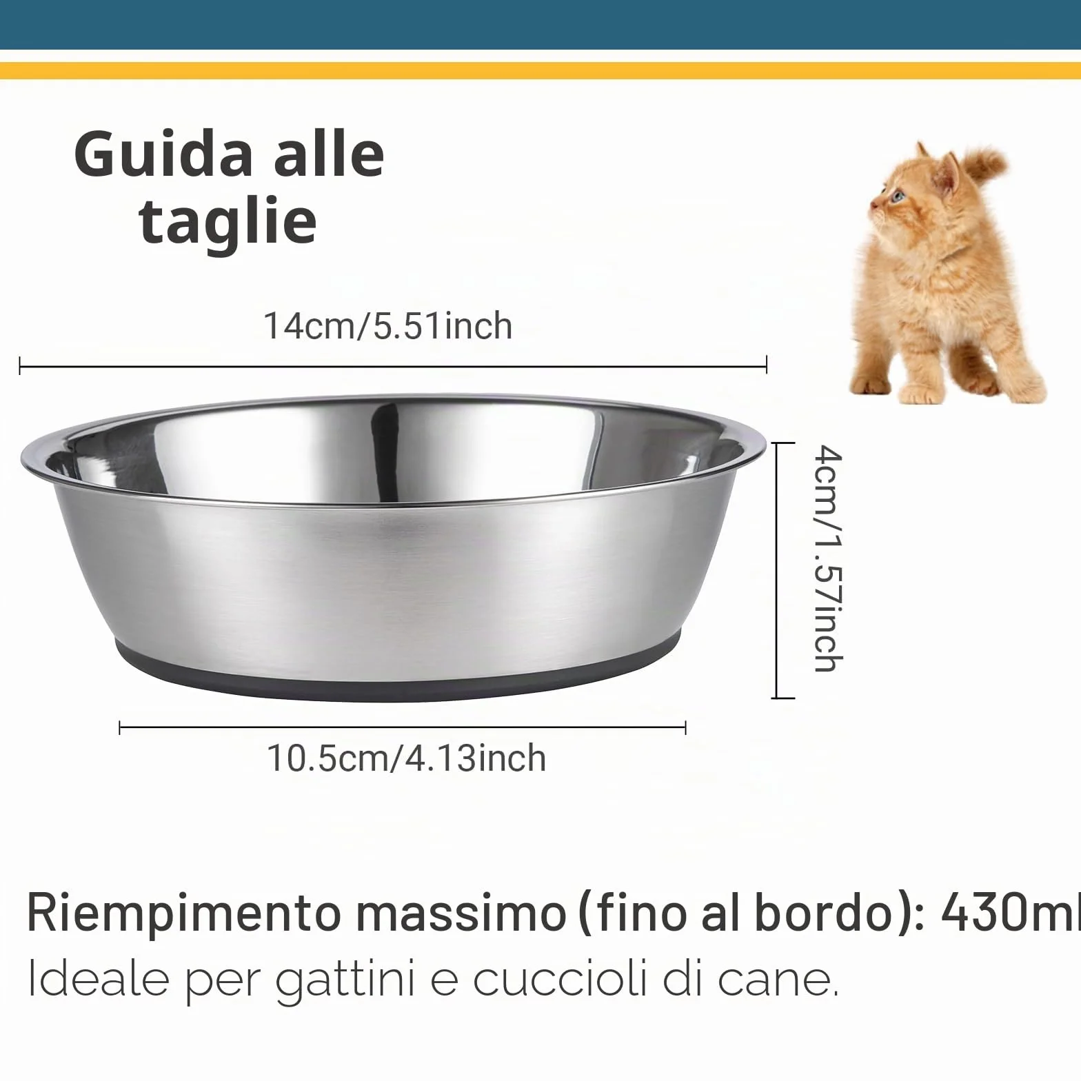 PEGGY11 Ciotole per Gatti in Acciaio Inossidabile, Fondo Antiscivolo, per Uso Alimentare, Senza BPA, Lavabili in Lavastoviglie, 430ML, 2 Pezzi
