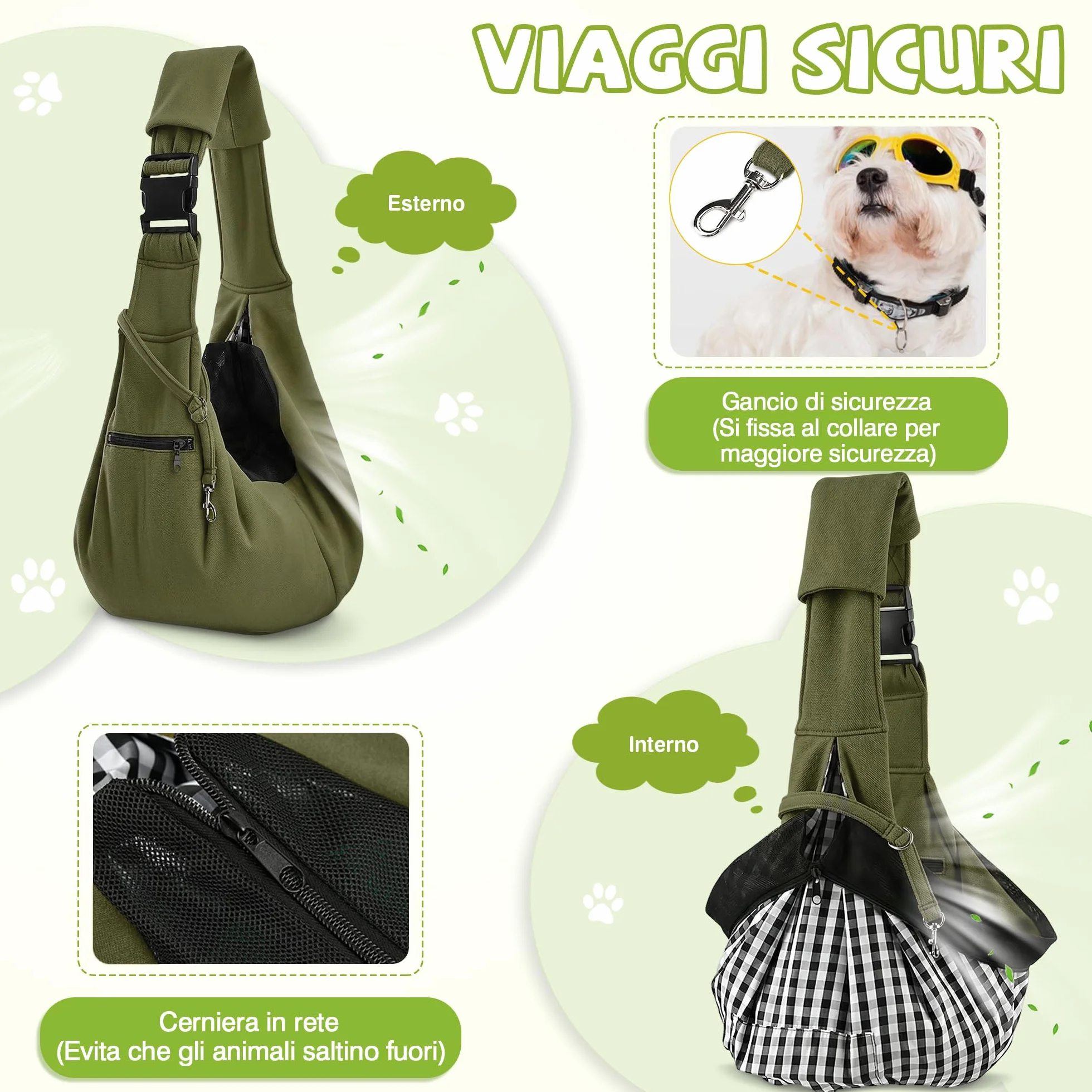 ALLSOPETS Borsa Trasporto Cane Gatto Tracolla Traspirante per Cani Piccola Taglia Gatti Gancio Sicurezza Verde Oliva