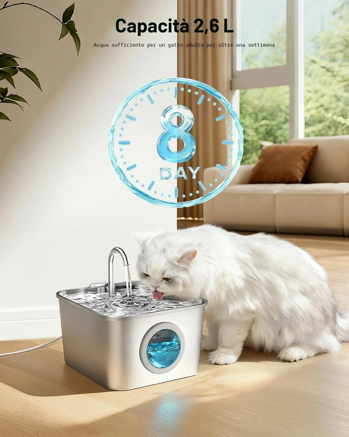 Fontanella per Gatti Acciaio Inox: 2,6L Fontana per Gatti, Ultra Silenzioso, Quadruplo Filtrazione, Cavo Automatico Fontanella Gatto con Rubinetto 3 Filtri e 3 Spugne LED, Facile da Pulire