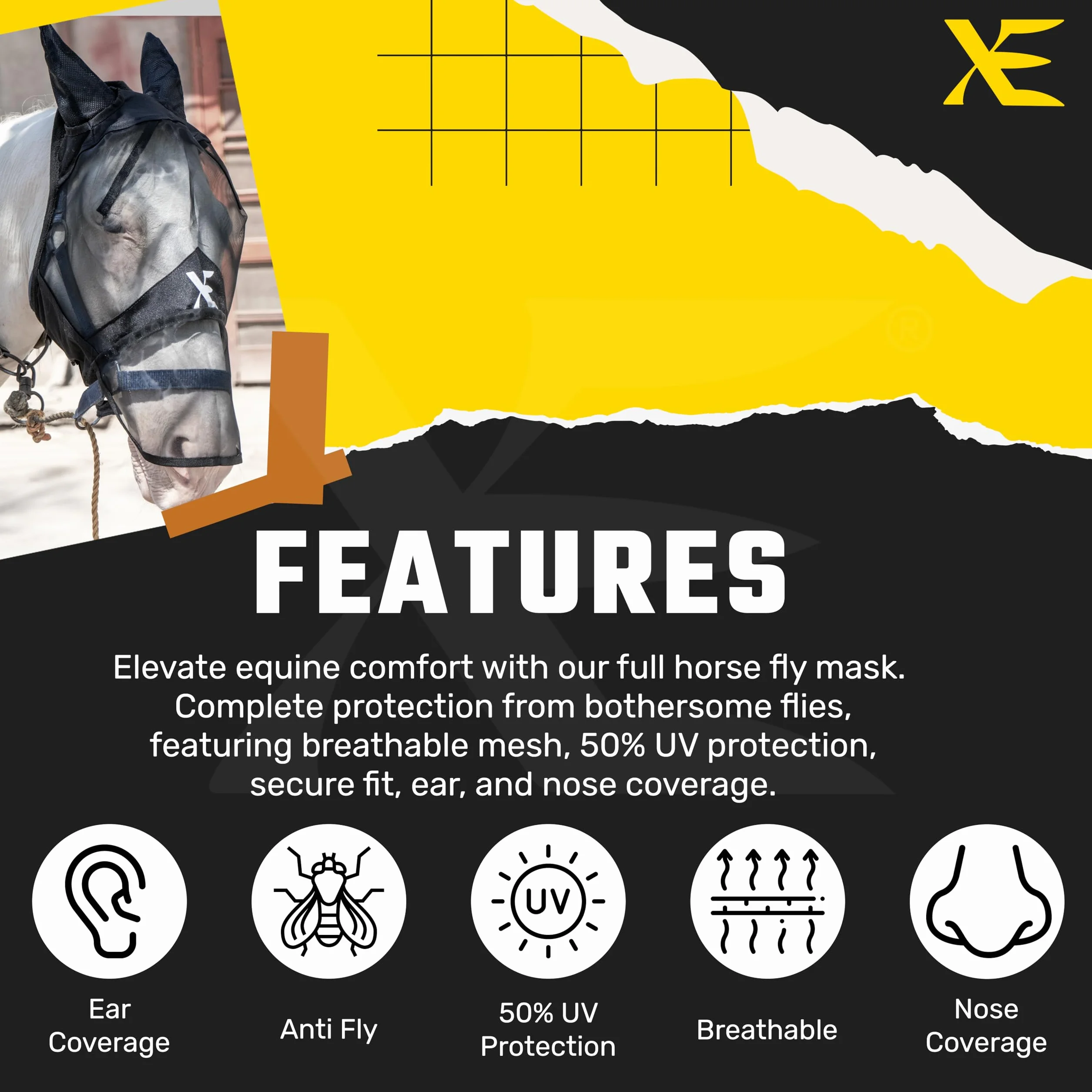 XE Maschera per Mosche per Cavalli con Orecchie-Maschera per Cavalli a Pieno Facciale e Naso in Rete Traspirante per Protezione UV e Mosche Equine (Full Black Mask, Cob (M))