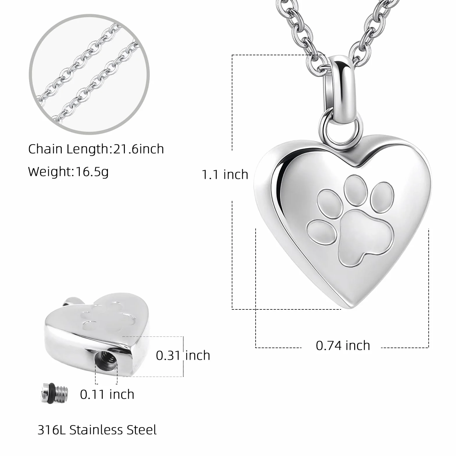 Collana commemorativa con urna commemorativa per ceneri di cane/gatto a forma di cuore per animali domestici, urna commemorativa con impronta di zampa, gioiello commemorativo per ceneri