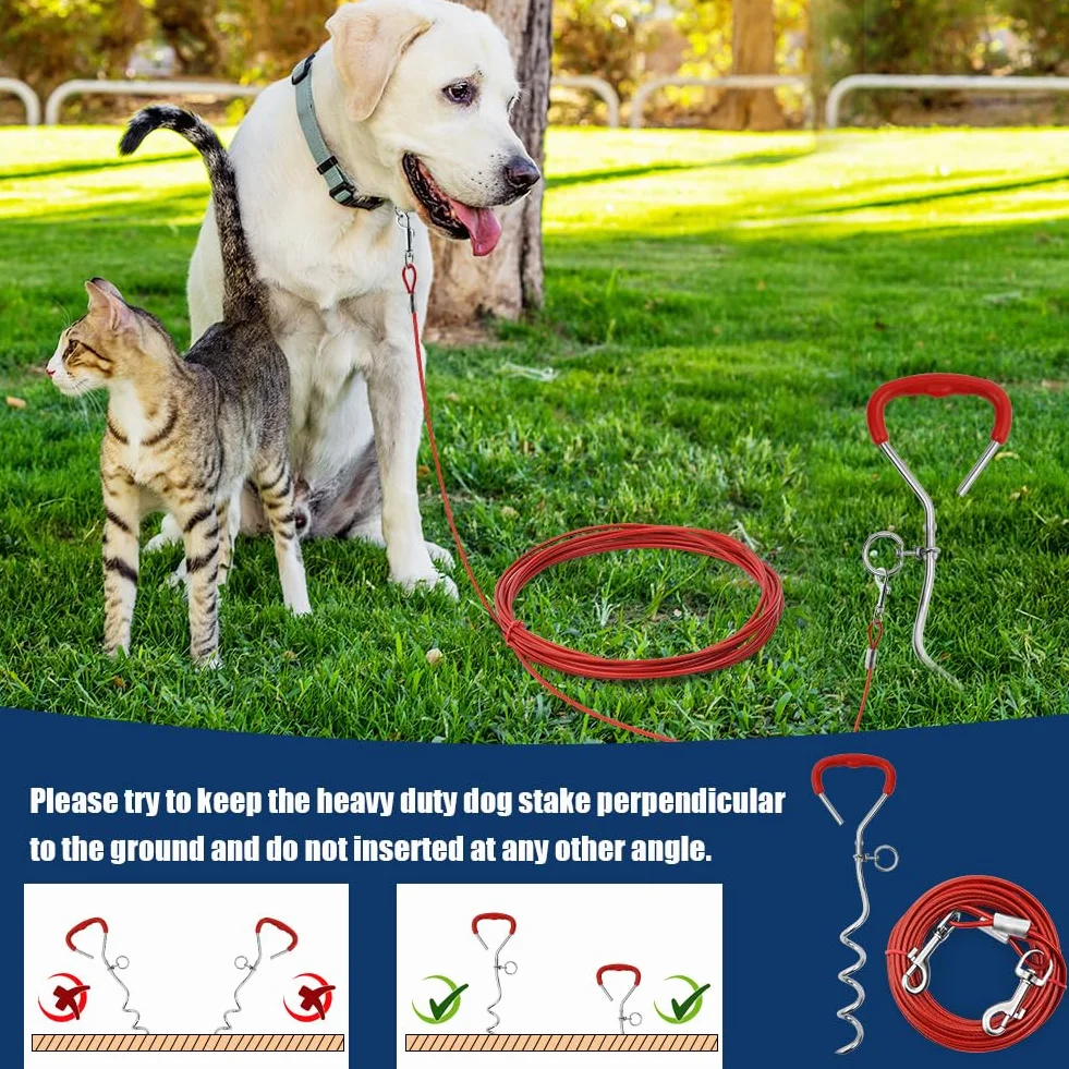 Aomig Cavo Resistente per Cani, Kit Guinzaglio per Cani 3M e Picchetto per Cani in Acciaio Inossidabile, Spirale in Metallo a Forma di Cane Tether Dog Accessori da Campeggio, Cortili, Parchi