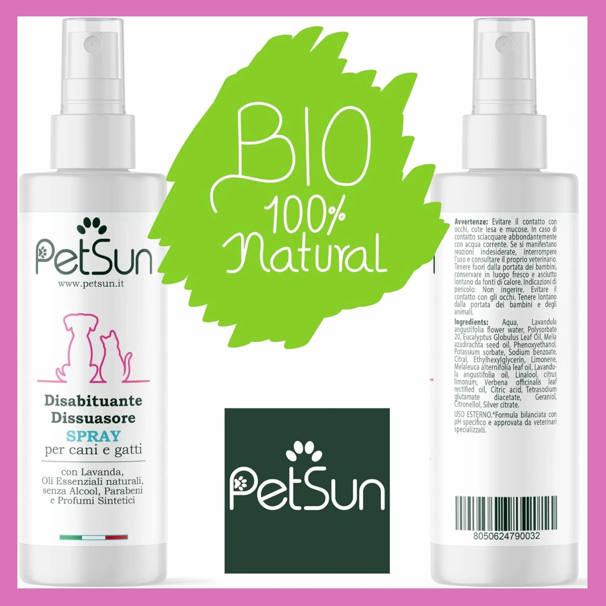 PetSun Disabituante per Cani e Gatti - Repellente - Spray Naturale - Anti Urina e Odori per Interni ed Esterni - 250 ml