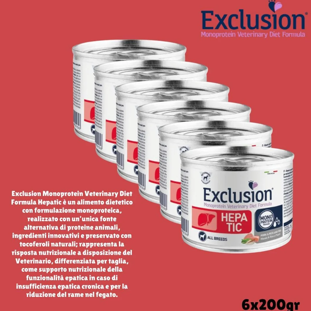 Exclusion Diet Hepatic umido adult Maiale Riso e Piselli, dieta veterinaria per cani con insufficienza epatica | 6 lattine da 200 grammi l'una.