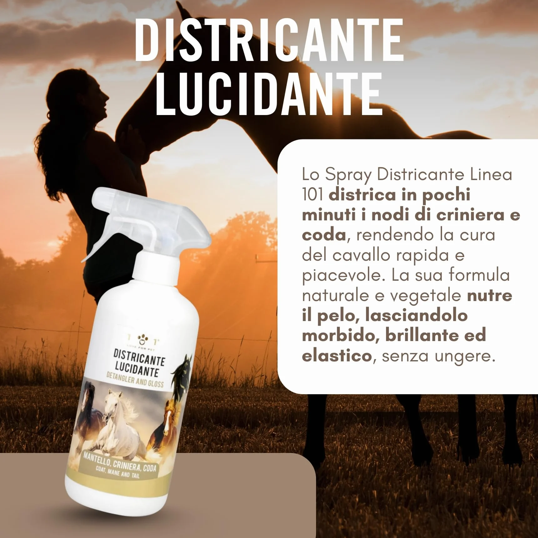 Districante Cavalli Spray Naturale 750 ml Lucidante e Detergente Vegetale per Manto, Criniera e Coda Districante per Cavalli Non Unge, Effetto Shine, Cruelty Free