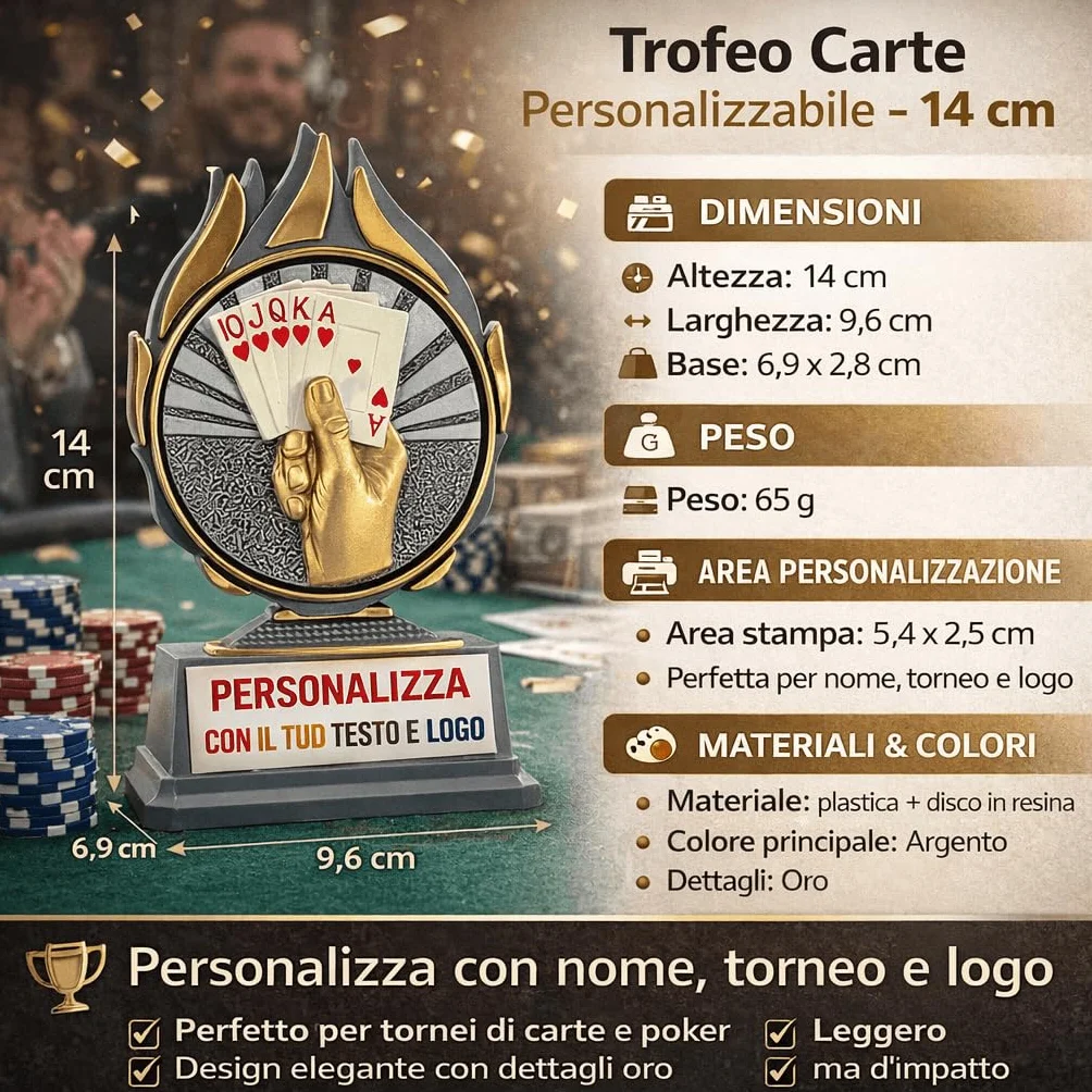 D&Vlab Trofeo Carte 14 cm Argento Personalizzato con Targhetta – Coppa per Tornei Poker Burraco Bridge