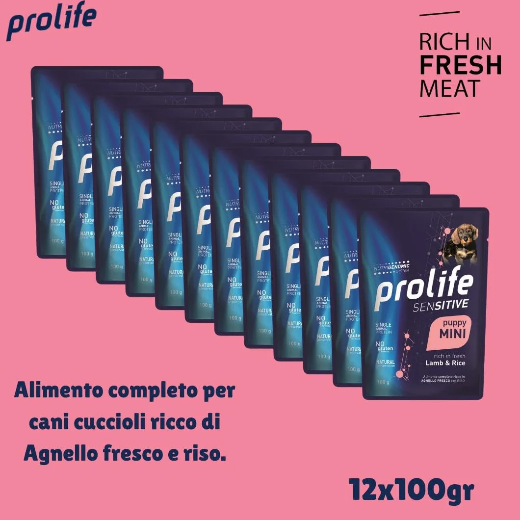 Prolife Umido Cane Sensitive Puppy Small Mini 100gr, alimento completo per cani cuccioli di tutte le taglie gusto AGNELLO e RISO | 12 bustine da 100 grammi l’una.