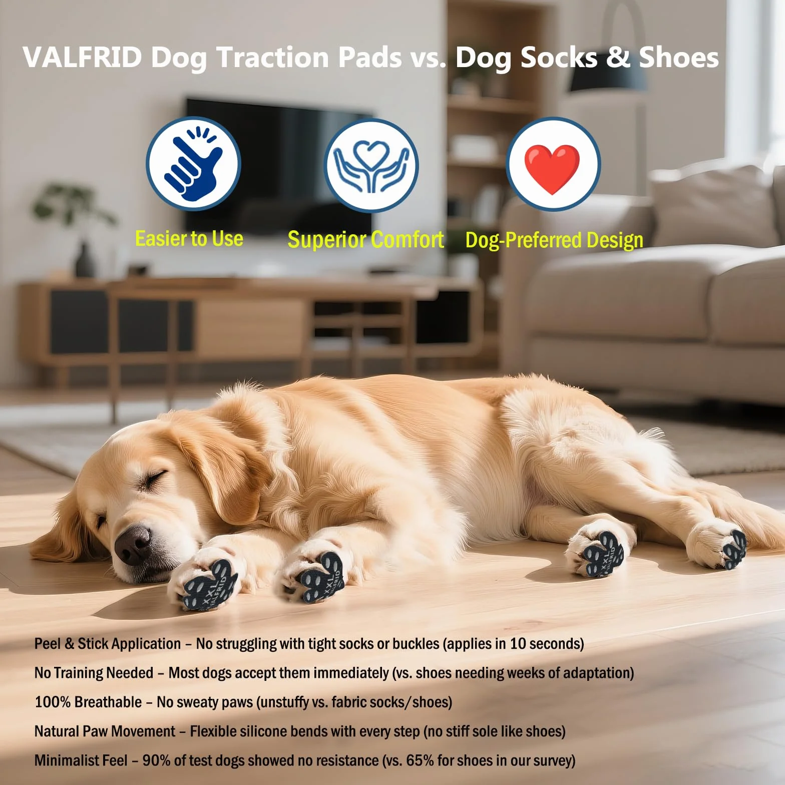 VALFRID Protezione Antiscivolo per Zampe di Cane, Autoadesivo Resistente, Nero 60 pz XL