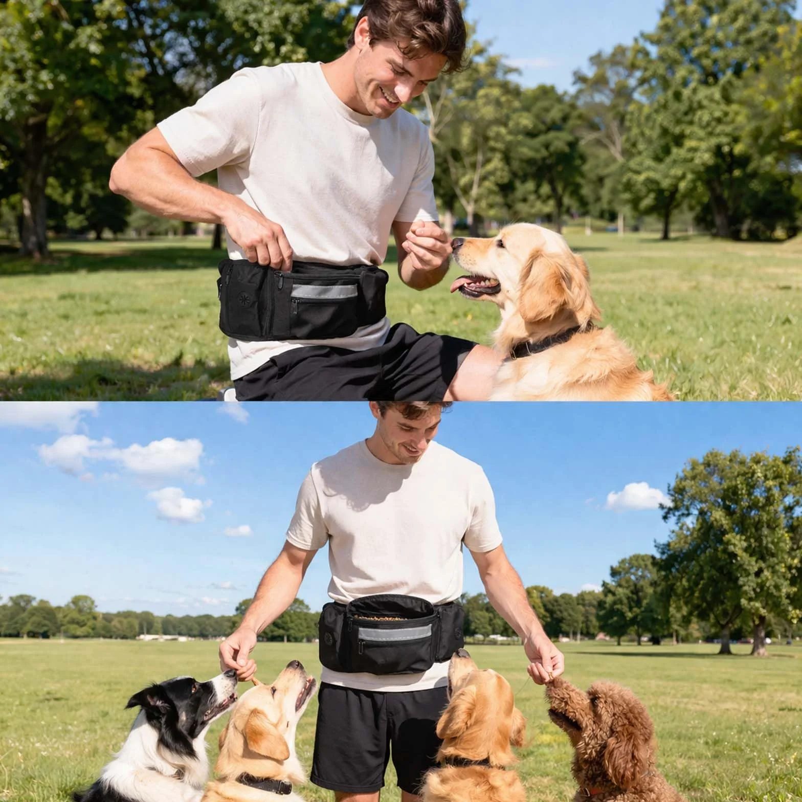 Porta premietti per cani, marsupio per addestramento, sacchetto porta-cibo con dispenser per sacchetti per i bisogni e striscia riflettente, marsupio regolabile per passeggiate all'aperto (nero)