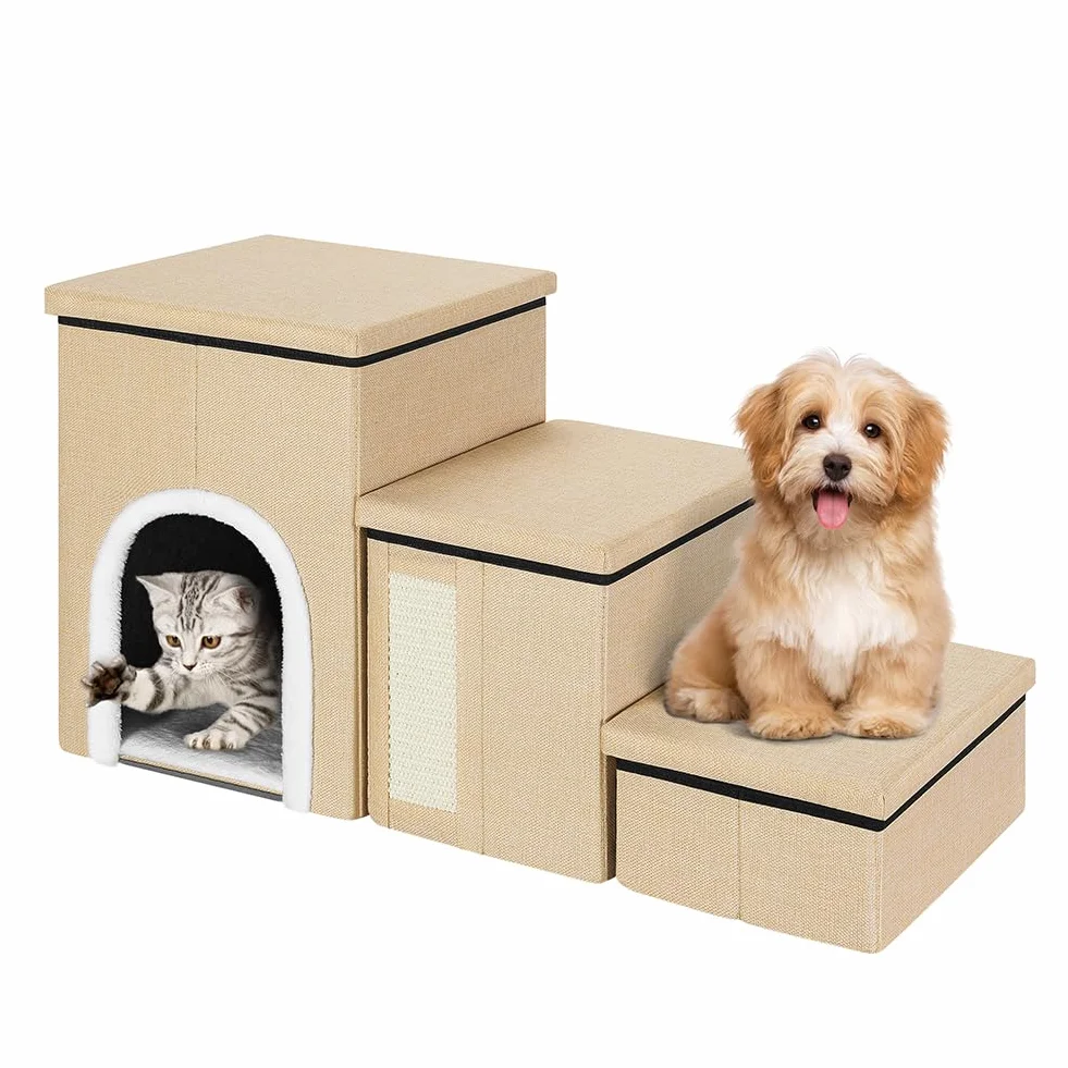 BAKAJI Pieghevole in Poliestere Beige Scala per Cani e Gatti 3in1 con Vano Contenitore e Cuccia Casetta, Gradini Ergonomiche, Fondo Antiscivolo
