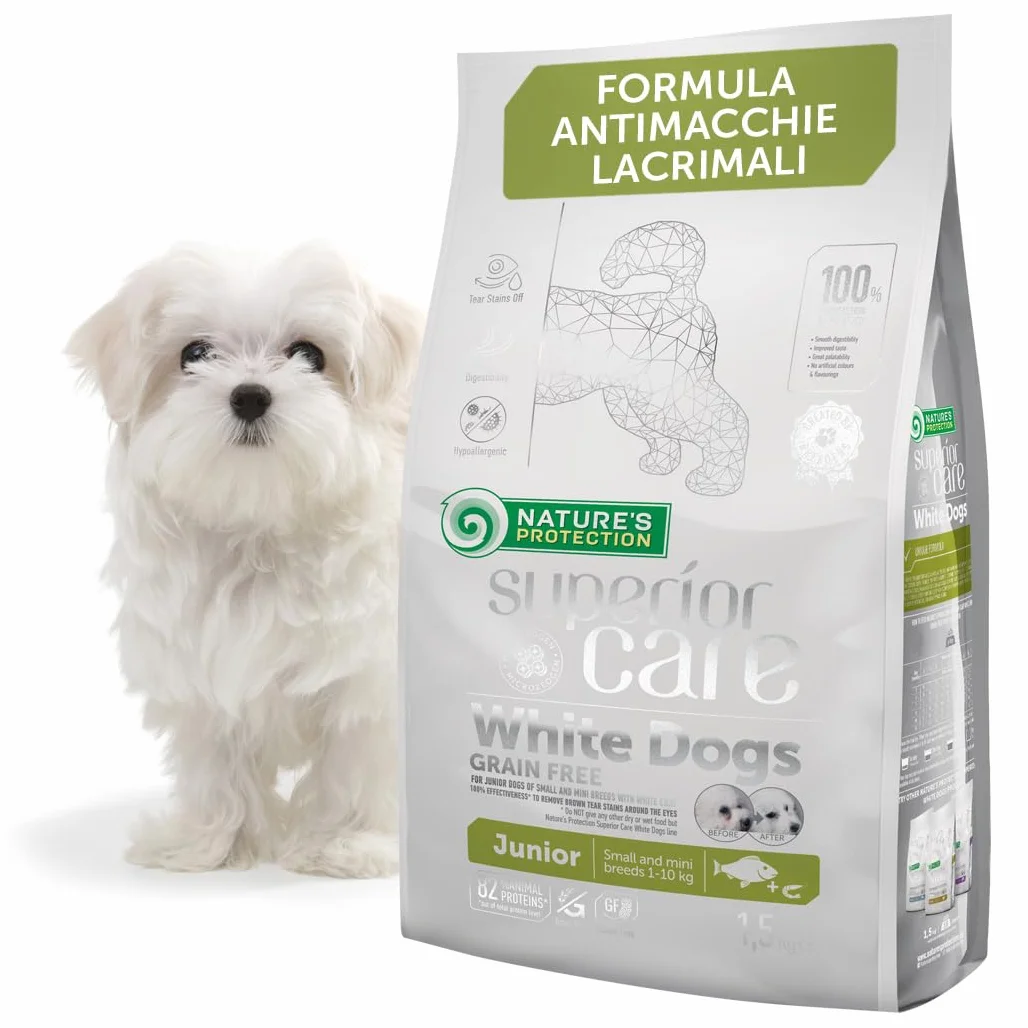 Nature’s Protection Superior Care Crocchette Cani ad Alto Contenuto Proteico - Cibo per Cani Junior Bianchi Ipoallergenico con Pesce Bianco - Omega 3 e 6 - Contro le Macchie da Lacrimazione (1,5 kg)