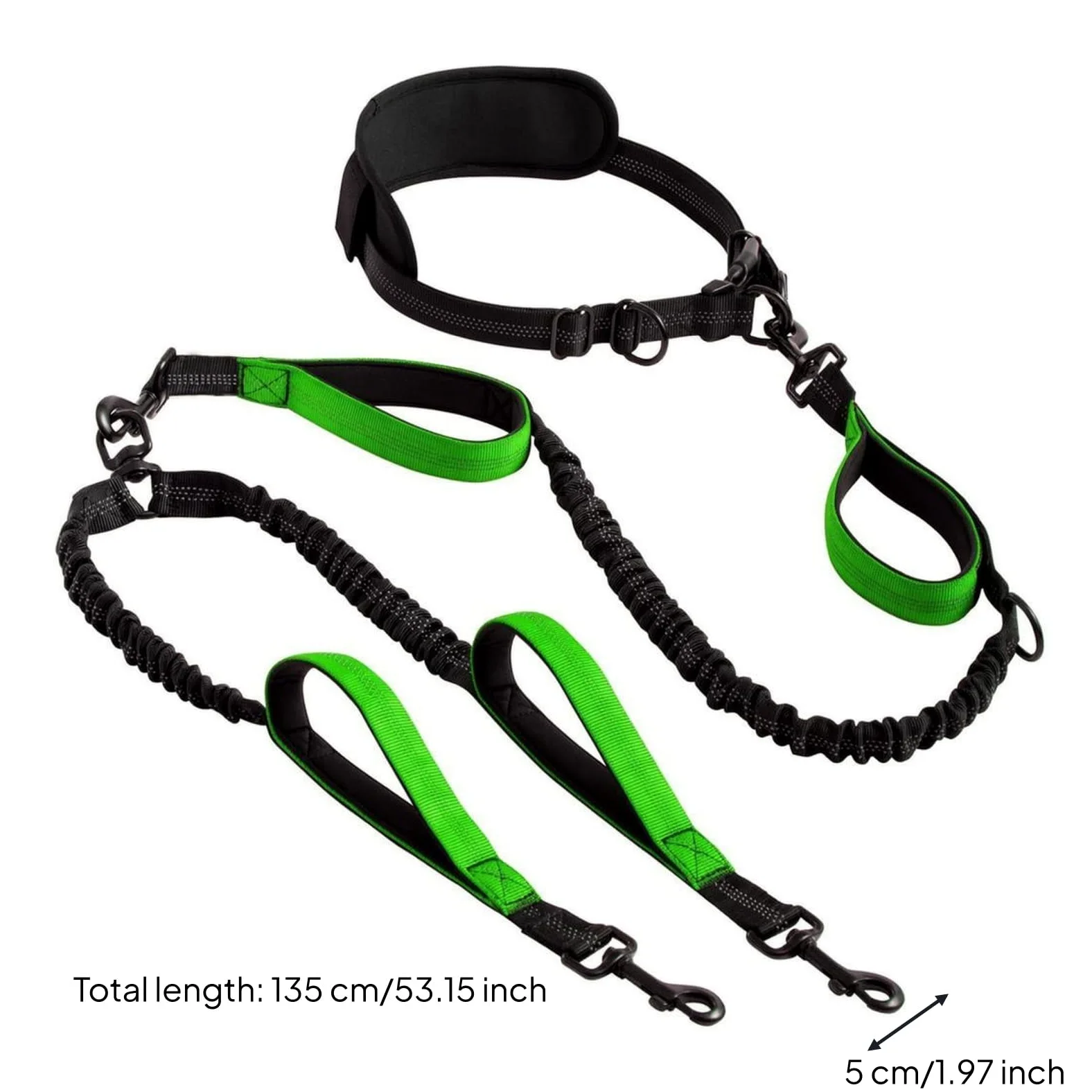 Guinzaglio a Doppia Testa Guinzaglio per Cani Guinzaglio Cintura da Corsa Guinzaglio Elastico con Bungee con Cintura in Vita con Maniglie per, Verde Scuro