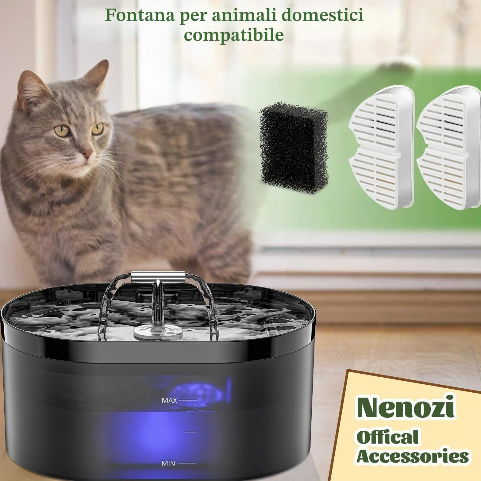 Filtri Cat Fountain 9 pezzi + 9 filtri in schiuma per gatti drinking Fountain, filtro capelli (sponge), filtrazione tripla (filtro)
