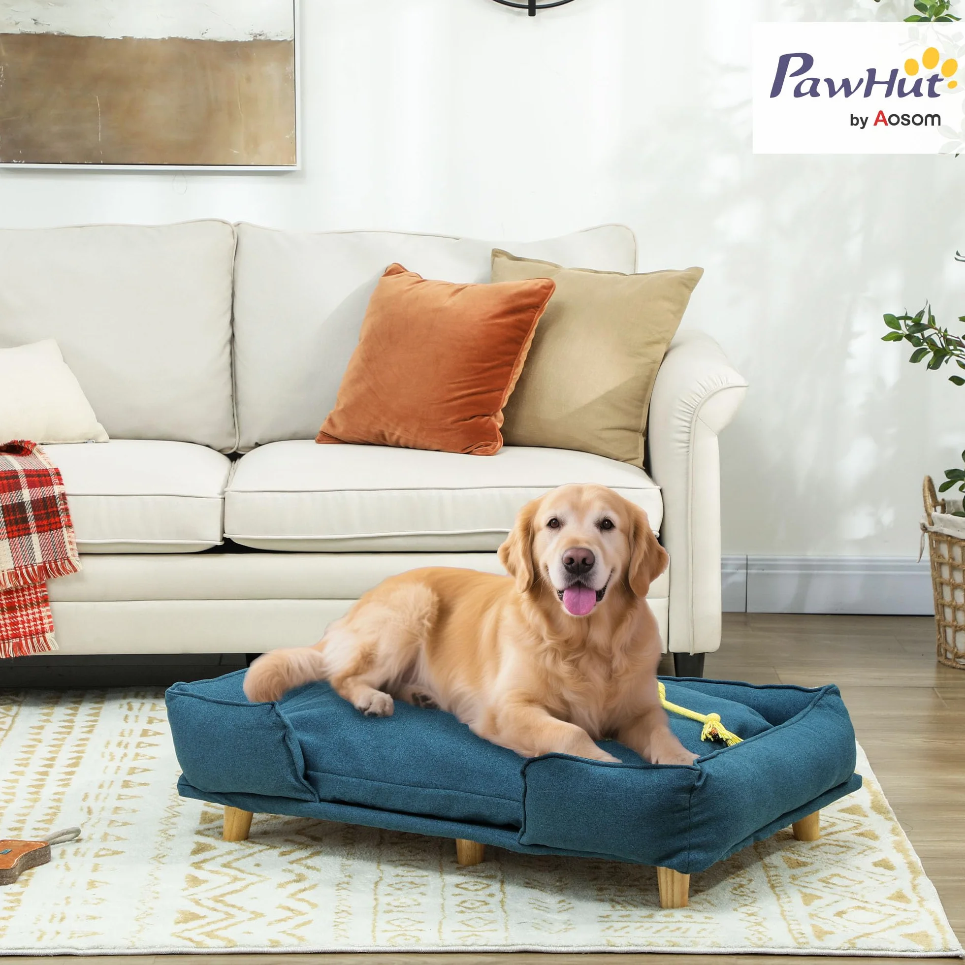 PawHut Divano per Cani Grandi Fino 30 kg, Cuccia Lettino Rialzato per Animali da Interno con Cuscino Rimovibile, 96x66x24 cm, Blu