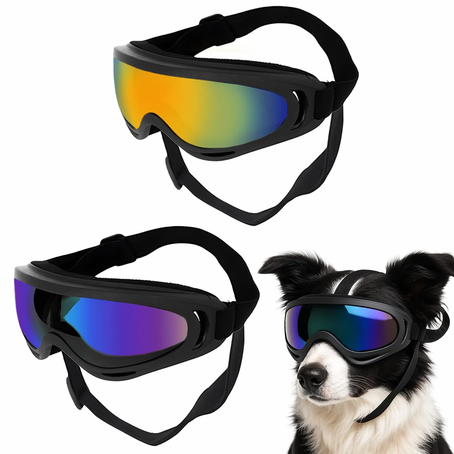2 Regolabili Occhiali da Sole per Cani Adatti Occhiali per Cani Antivento e Protezione UV per Cani di Taglia Media e Grande, Neve, Avventure All'aperto, Auto e Altre Attività All'aperto