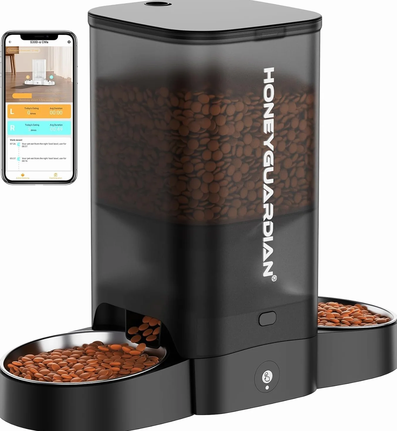 HoneyGuaridan 5L Distributore Automatico Cibo Gatti Adatto a Due Gatti, Dispenser Crocchette Gatto Con 2.4G/5G WiFi, Programmabile 6 Pasti al Giorno, Registrazione Vocale 10s, Doppia Alimentazione
