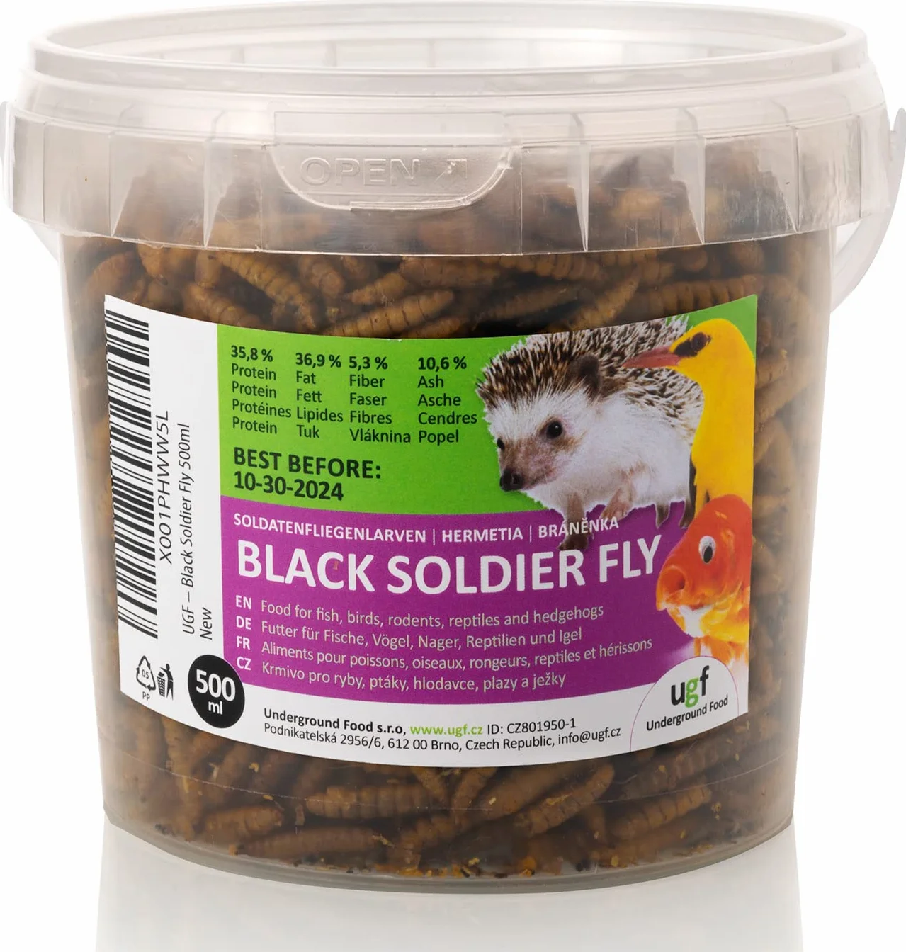 UGF - Larve di mosca soldato essiccate - 75 g in un secchio da 500 ml, Hermetia (simili ai vermi della farina), cibo per uccelli selvatici tutto l'anno, cibo per ricci, quaglie, criceti, pesci