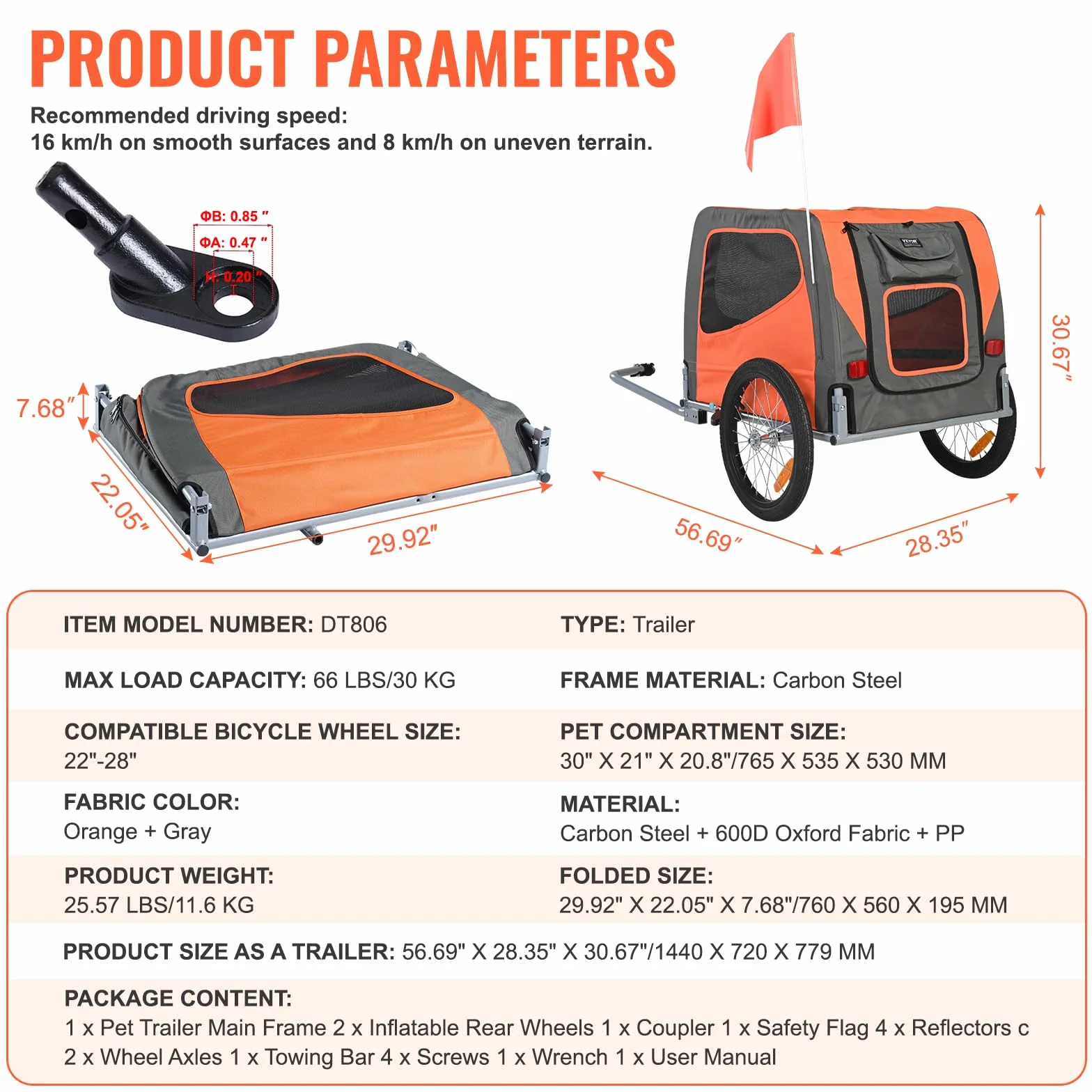 VEVOR Rimorchio Bici per Cani Pieghevole Portata max. 30 kg Passeggino per Animali Domestici con Ruote a Sgancio Rapido Telaio in Acciaio Carrello per Bici Traino Rimorchio Animali Arancione/Grigio