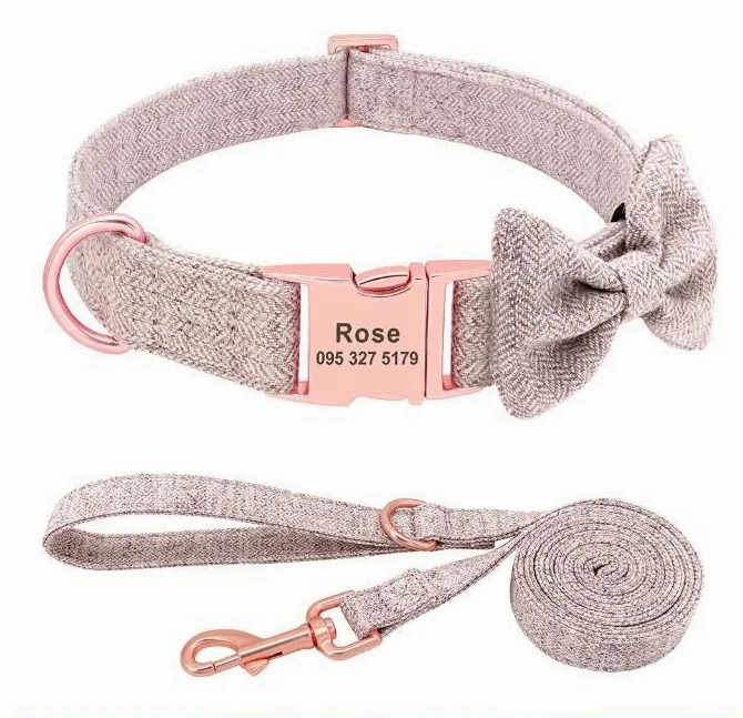 Set Collare Per Cane Personalizzato Morbido Con Fiocco Con Nome Personalizzato Inciso Collare Per Cane In Nylon Stampa Guinzaglio Per Cani Di Taglia Piccola,Media E Grande,Marrone,M