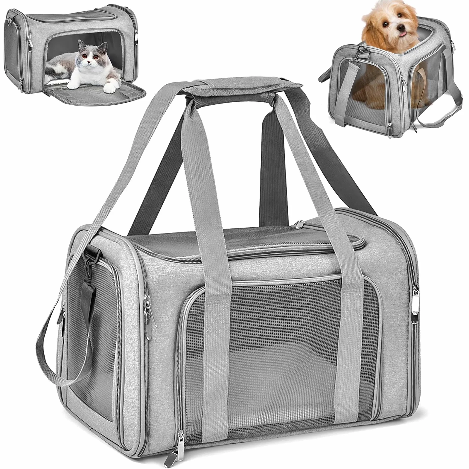 Borsa per il trasporto di gatti pieghevole traspirante 45x30x30 cm 7 kg grigio