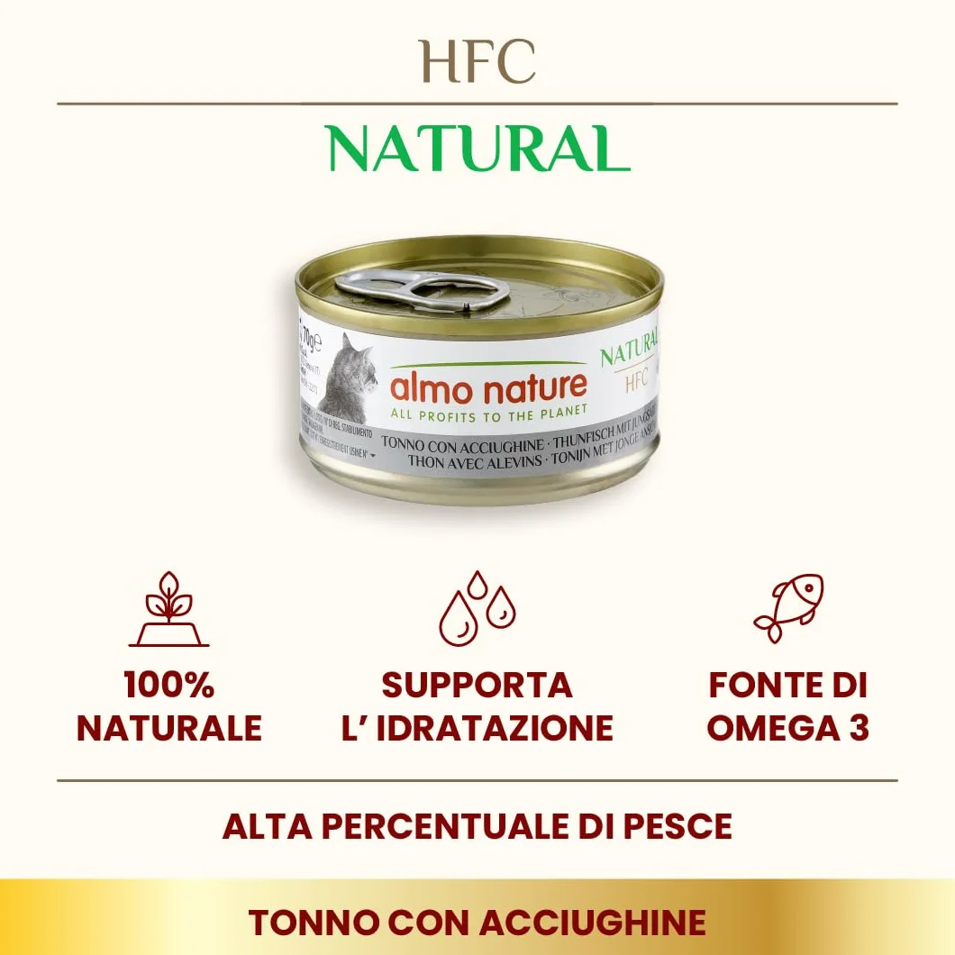 Almo Nature HFC Natural Alimento Umido per Gatti - Tonno con Acciughine - Confezione da 420 g (6 x 70 g)