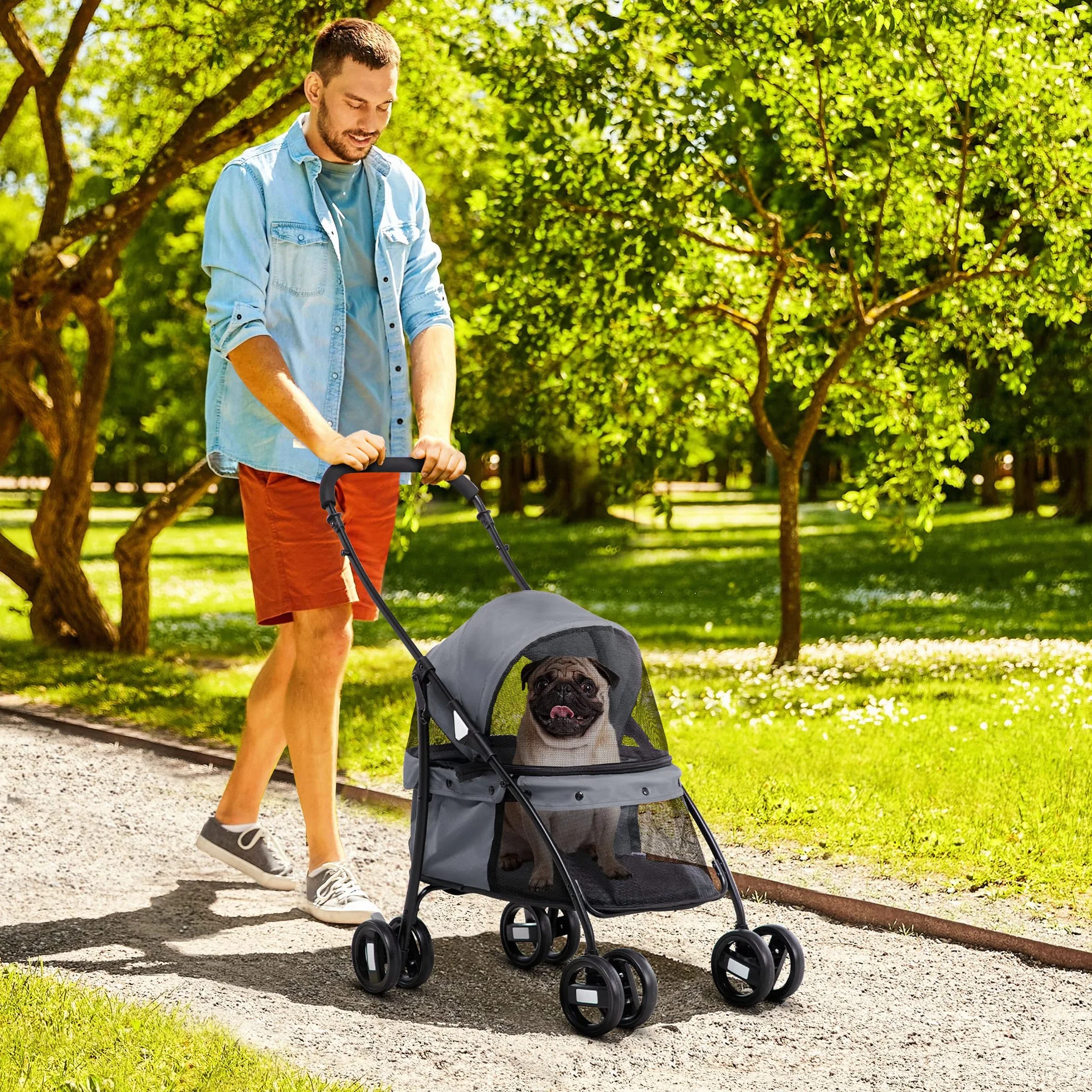 PawHut Passeggino per Cani Pieghevole con Tettuccio Regolabile, Borsa e 2 Guinzagli, Passeggino per Animali in Tessuto Oxford e Acciaio, 82x47x97 cm, Grigio e Nero