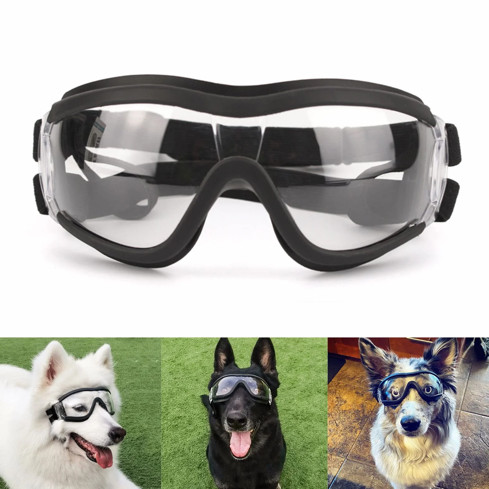 Namsan Occhiali da sole per cani - Regolabili, impermeabili, antivento - Occhiali di protezione per cani di taglia media/grande - Trasparente