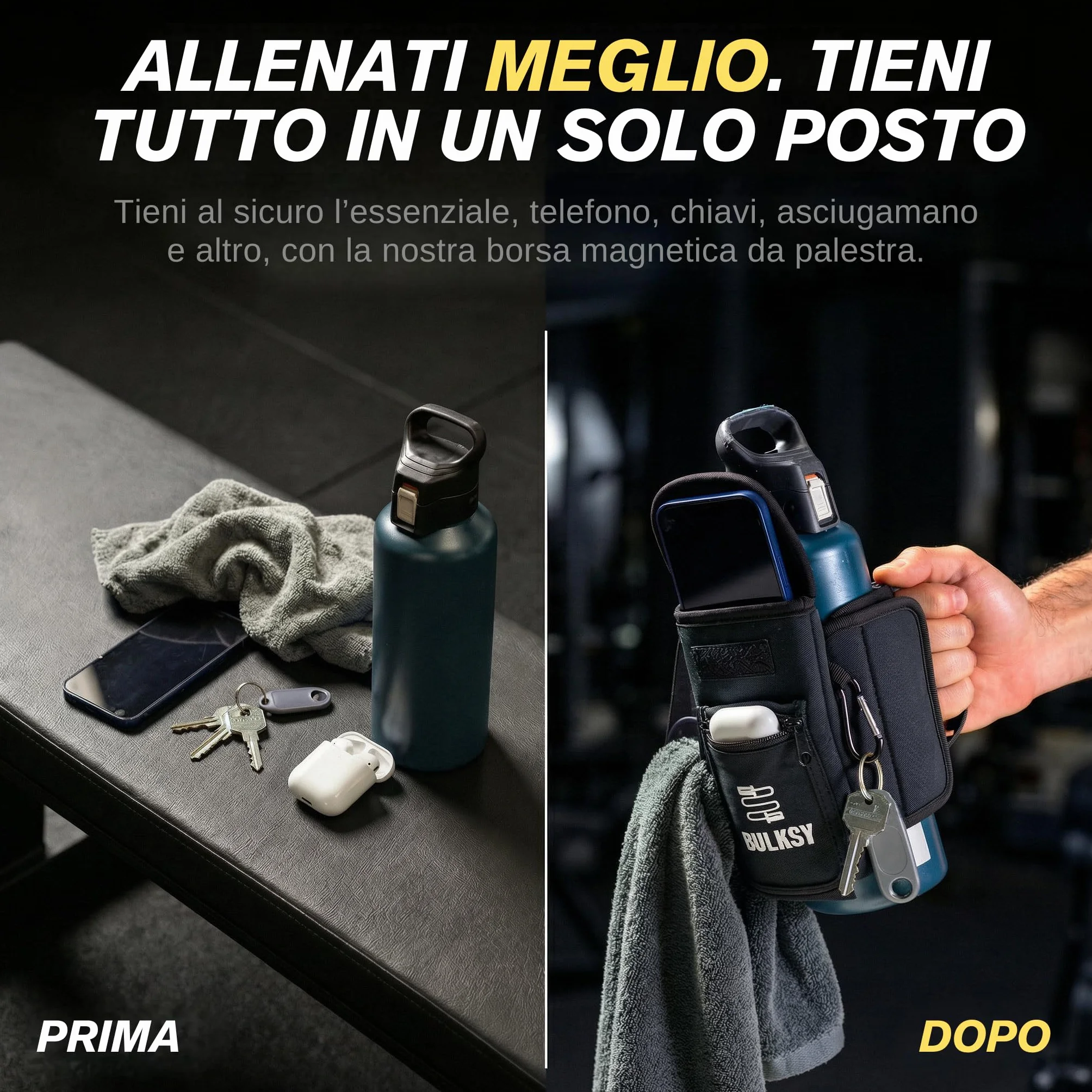 Borsa Magnetica per Accessori Palestra con Porta Borraccia e Tasca Smartphone - Adatta a Bottiglie 1L & 1,5L