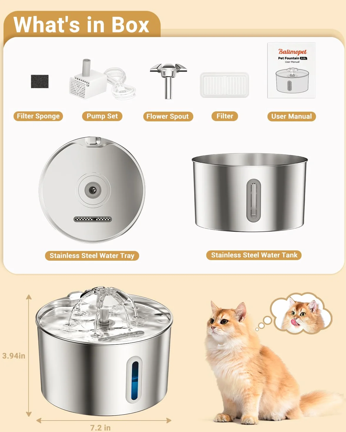 Fontanella per Gatti Acciaio Inox, 2,2L Fontana per Gatti Super Silenzioso, Sistema di Filtraggio Quadruplo, Facile da Pulire, Fontanella Gatto con LED, 3 Filtri a Carboni Attivi
