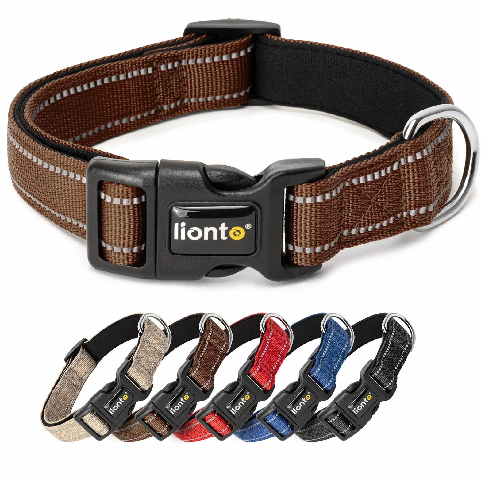 lionto Collare per cani imbottito in nylon riflettente impermeabile regolabile, taglia S, marrone