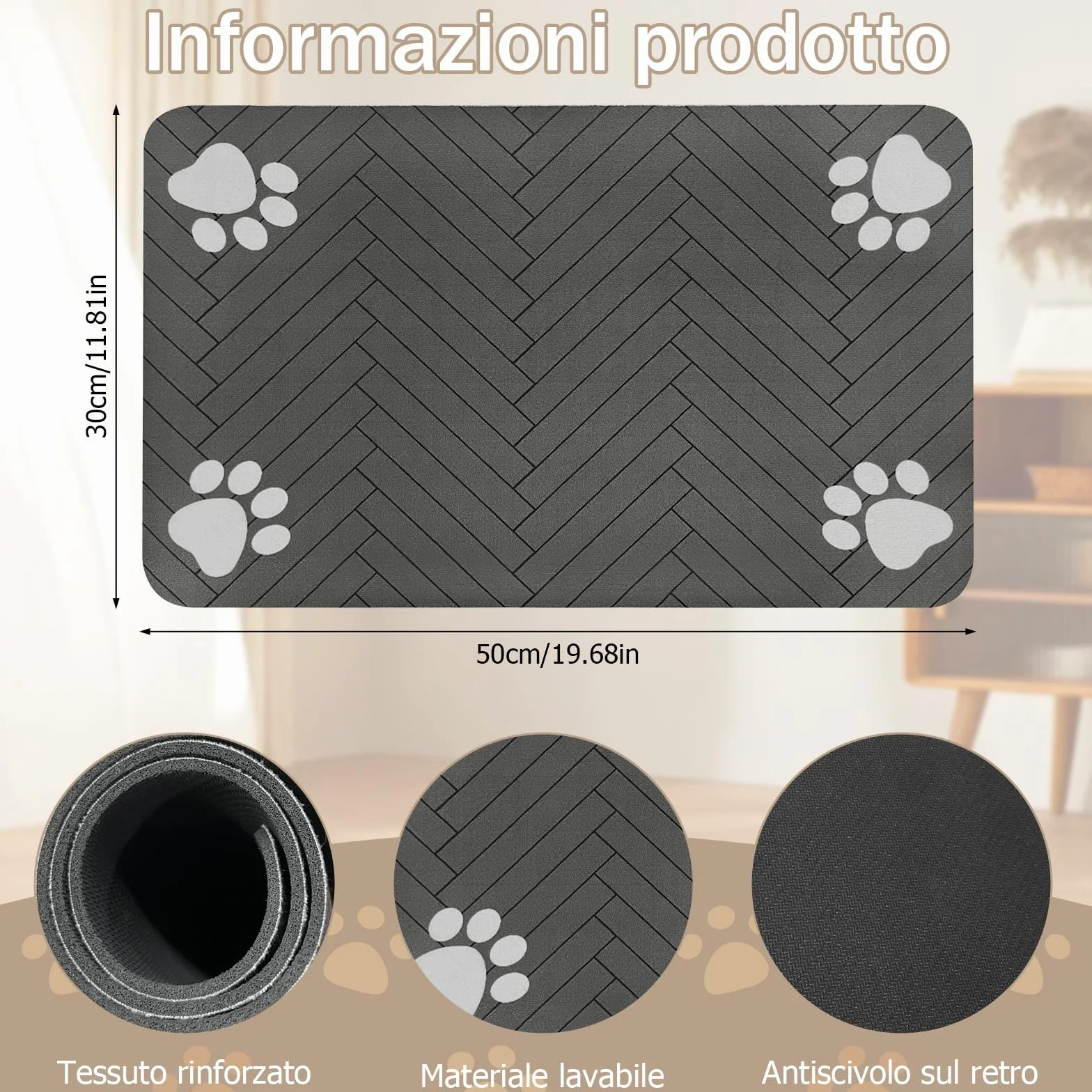 Tappetino Assorbente per Cani e Gatti, Tappetini di Alimentazione, Antiscivolo e Lavabile, Asciugatura Rapida in Diatomea, Tovaglietta per Ciotole di Animali Domestici, Grigio Scuro, 30 x 50 cm
