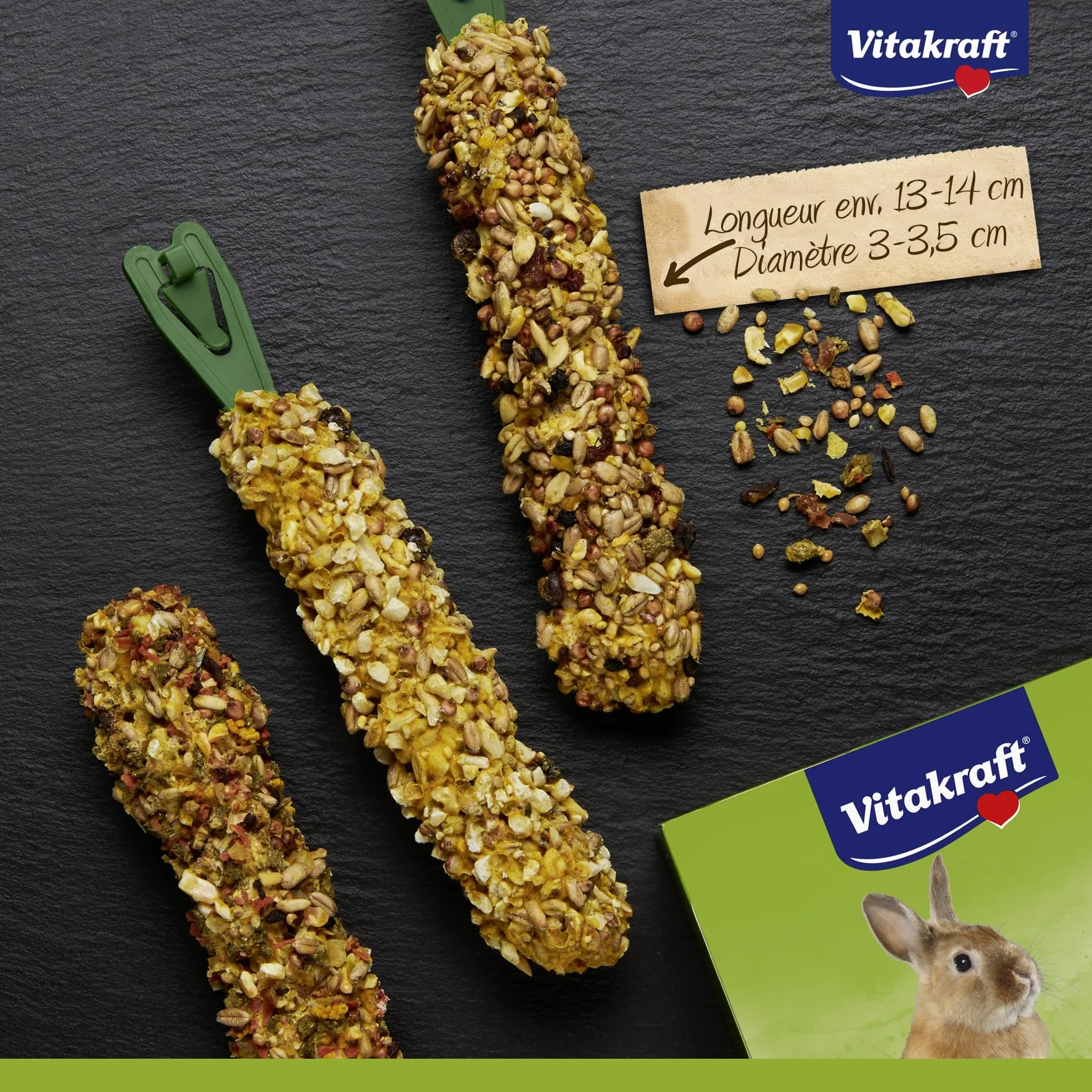 Vitakraft Kräcker Mix, bastoncini da sgranocchiare per conigli nani, con popcorn e miele, con verdura e barbabietola rossa, con uva e noci, senza l'aggiunta di zuccheri e cereali (1x 160g)