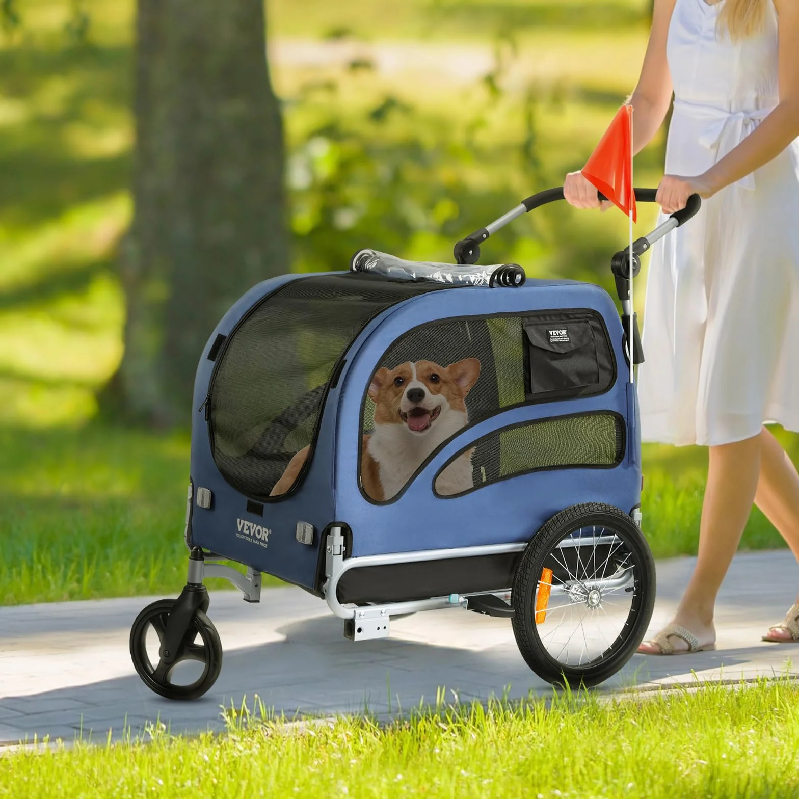 VEVOR Rimorchio Bici per Cani Pieghevole Portata max. 45kg Passeggino per Animali Domestici con Ruote a Sgancio Rapido, Attacco Universale, Carrello per Bici Traino Rimorchio per Animali Nero/Blu