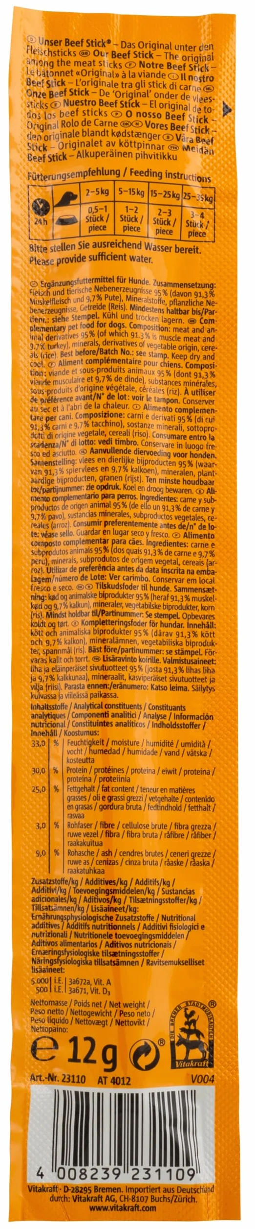 VITAKRAFT Beef Stick con Tacchino Snack alla Carne per Cani 12 g