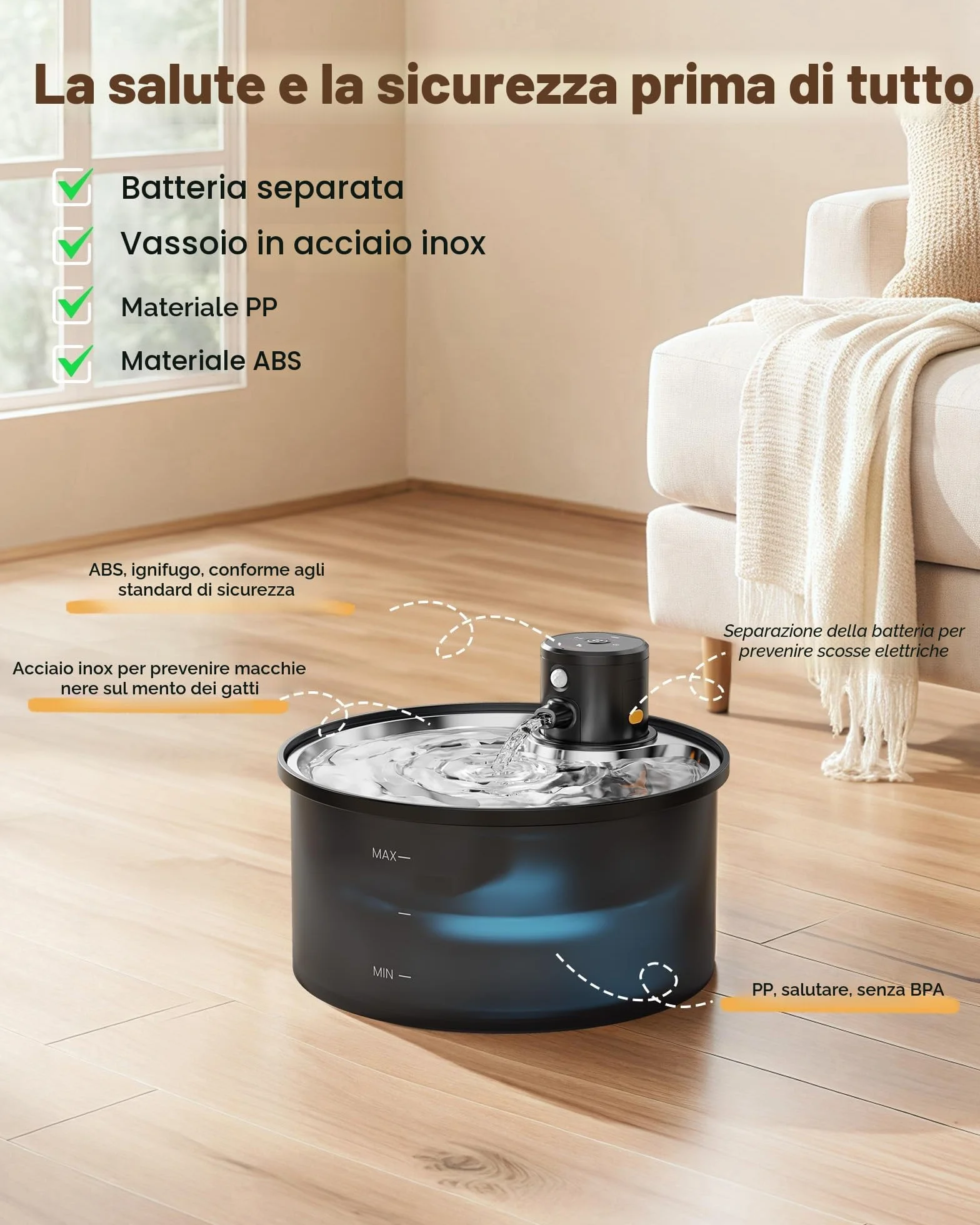 Fontanella per Gatti senza Fili: Fontana per Gatti - 3.2L Fontanella Gatto con Sensore di Movimento - Fontana Gatto Batteria - Dispenser Acqua Gattis con Pila 4000mAh - Acciaio Vassoio per Bere